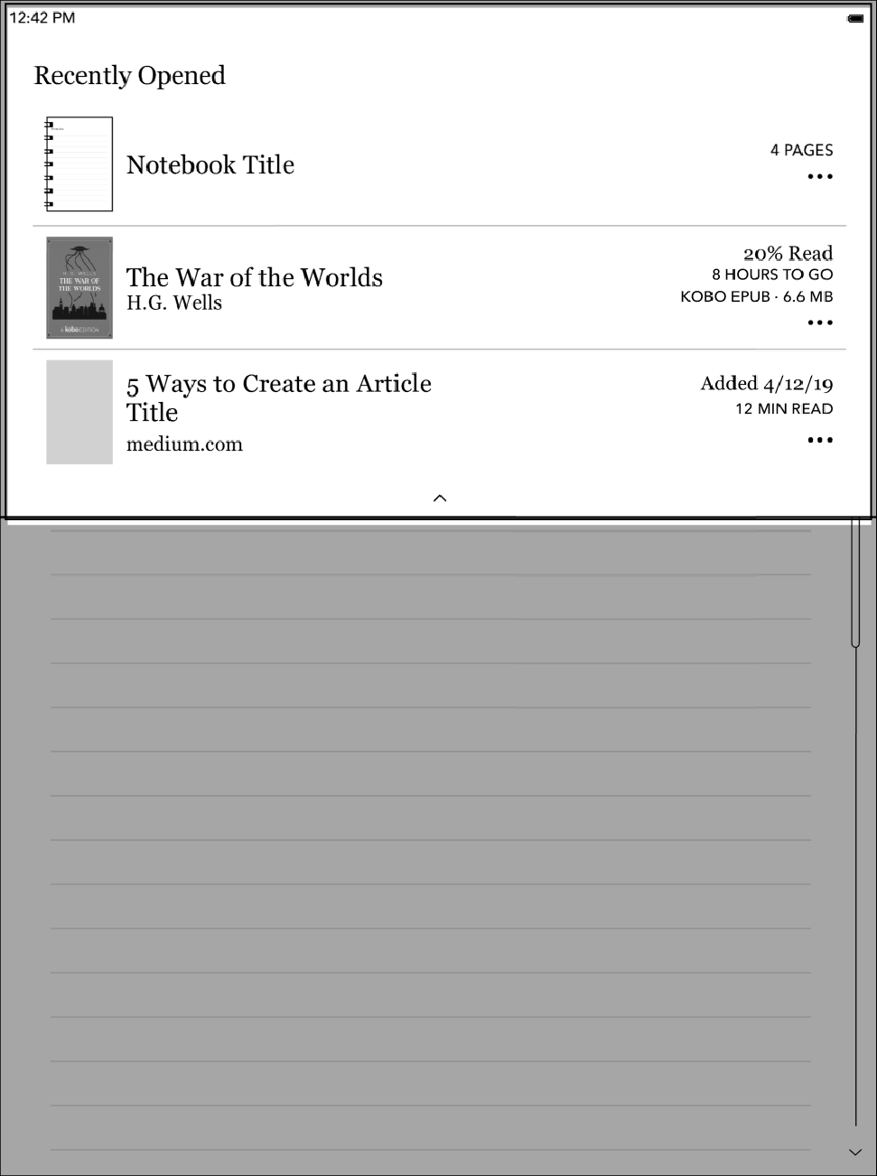 Kobo eReader Recently Opened menu with a list of books at the top half of the screen.
