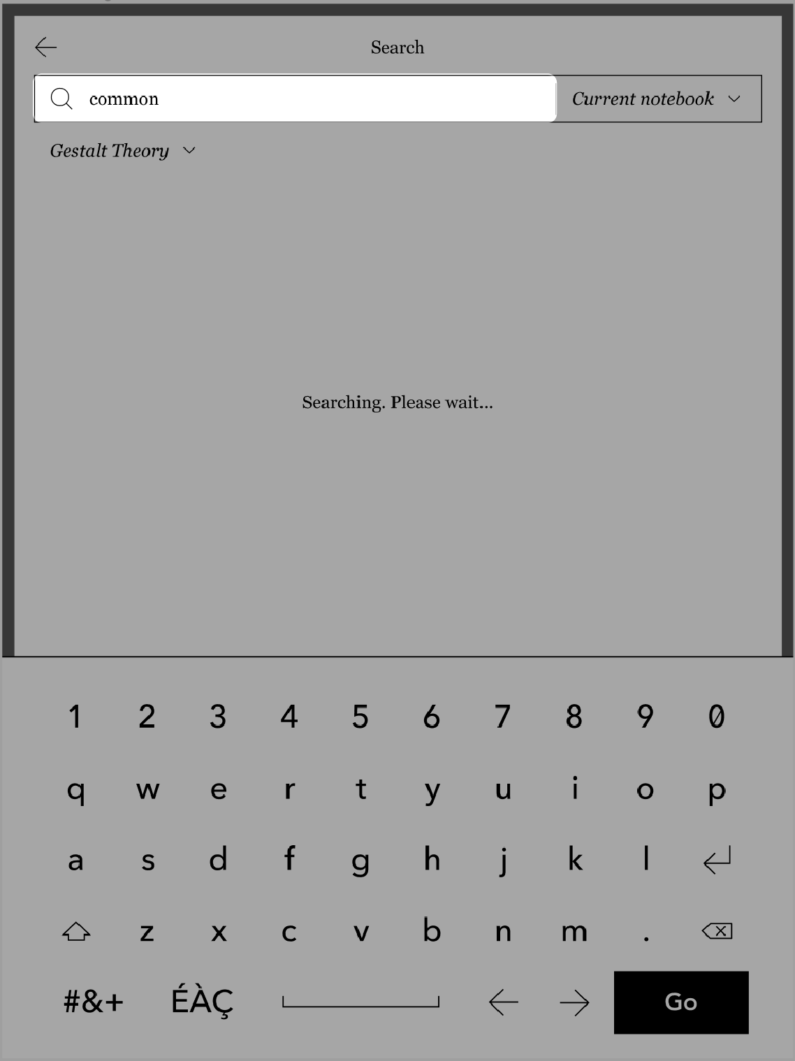 Kobo eReader Notebook view with the Search field highlighted near the top of the screen.