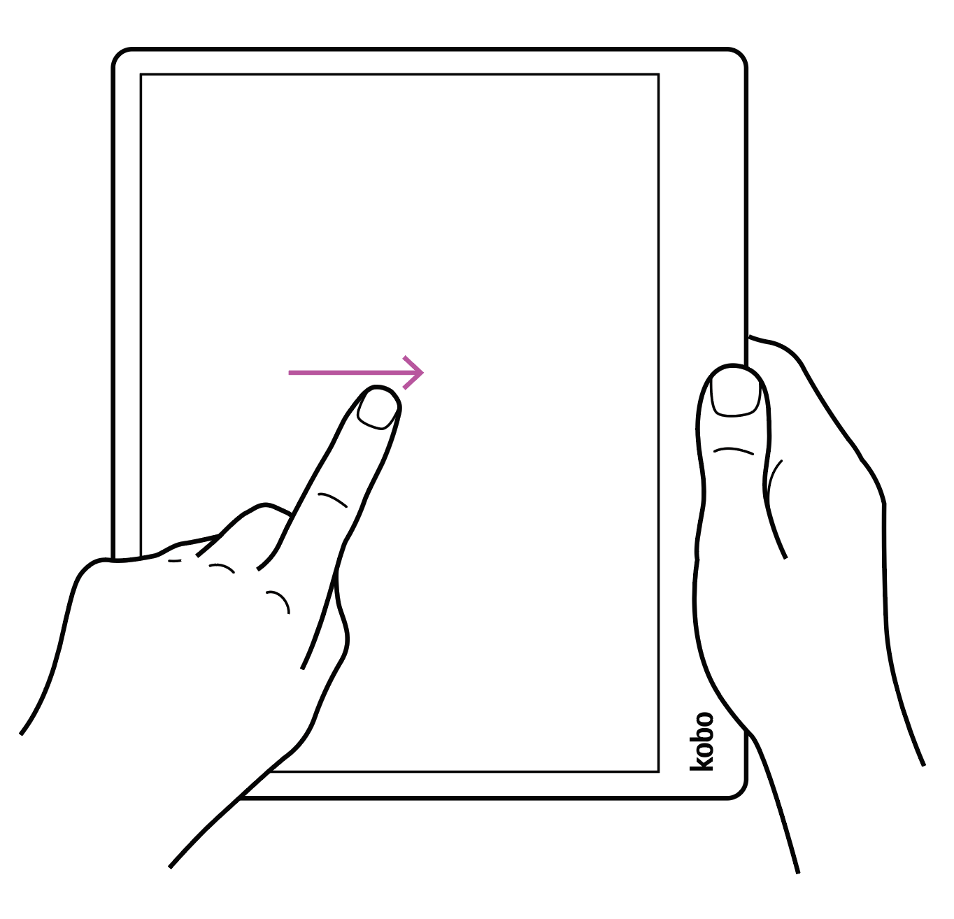 Ilustración de un eReader Kobo sostenido con una mano mientras la otra mano desliza hacia la derecha en la pantalla.