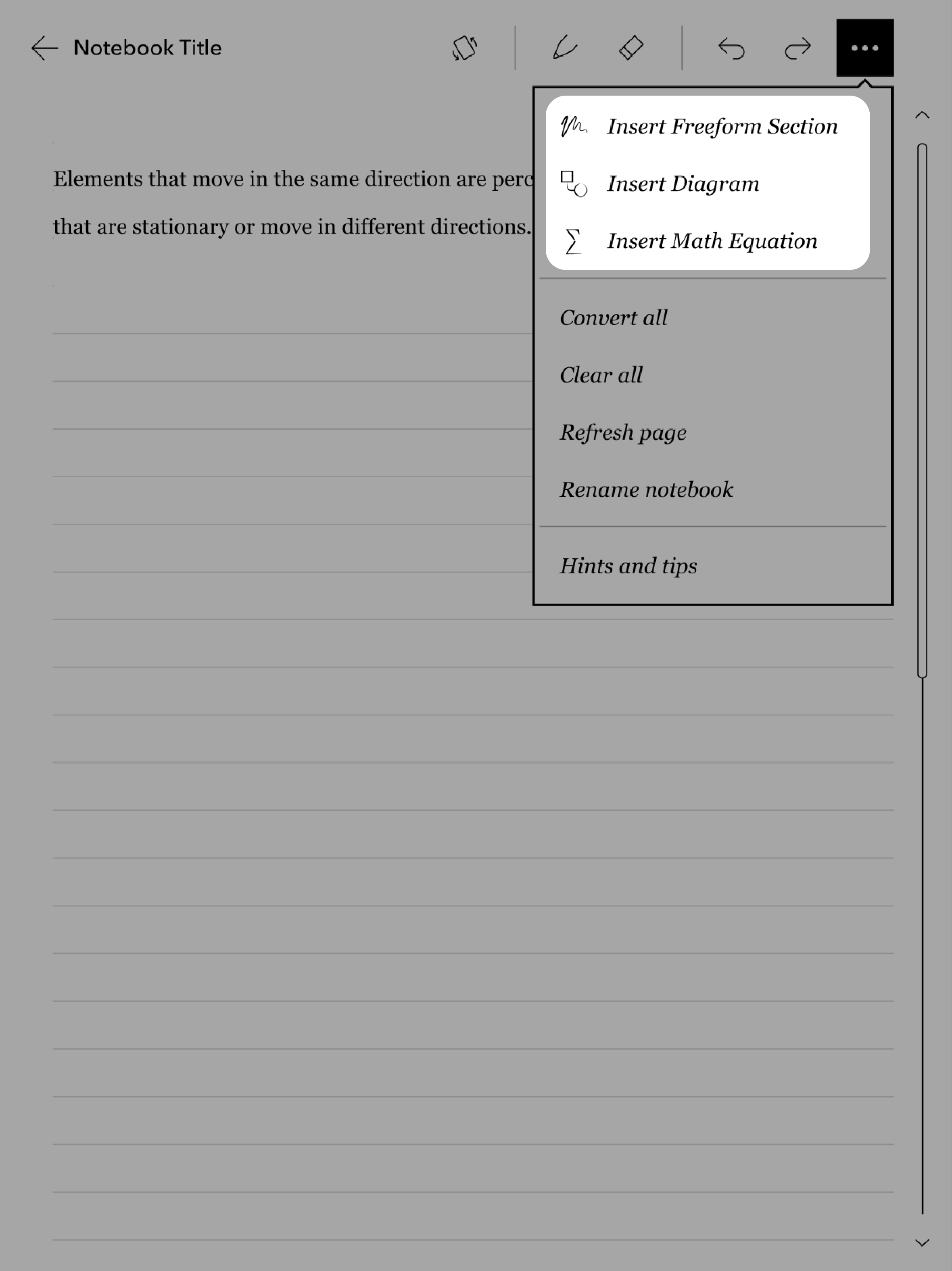 Écran Carnet avec l'option Insérer une zone de forme libre et d'autres options mises en évidence.