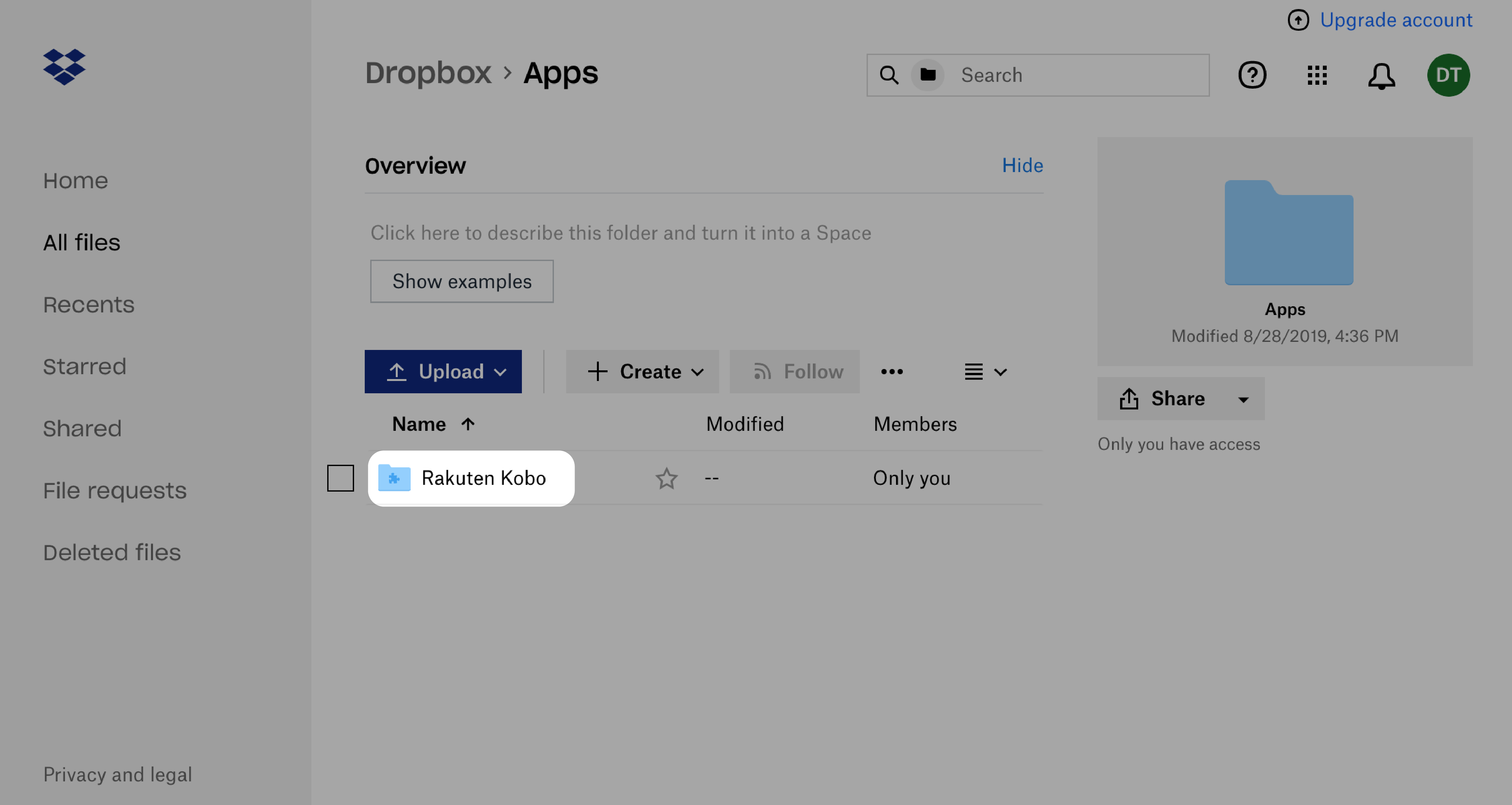 Écran d'accueil de Dropbox avec le dossier Rakuten Kobo mis en évidence.