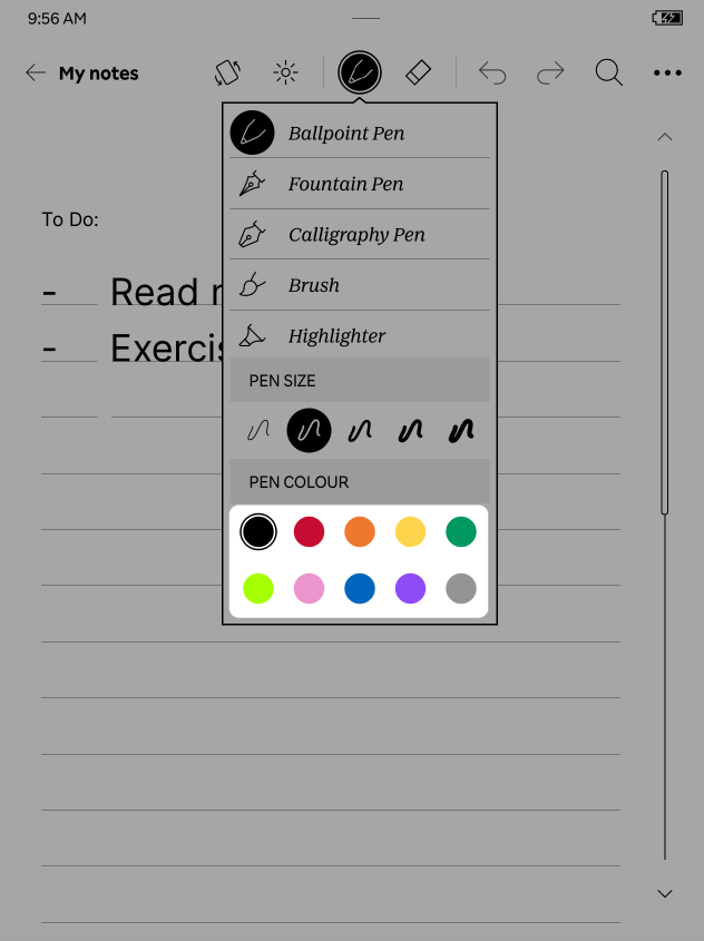 Menu des couleurs du stylet d'une liseuse Kobo avec les différentes options de couleur mises en évidence.