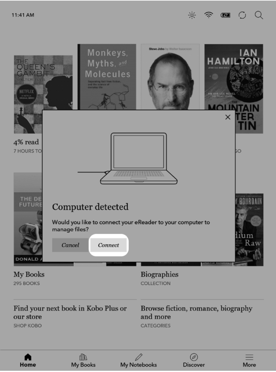 Sull'eReader Kobo verrà visualizzato un menu a comparsa con scritto Computer rilevato e il comando Connetti evidenziato.