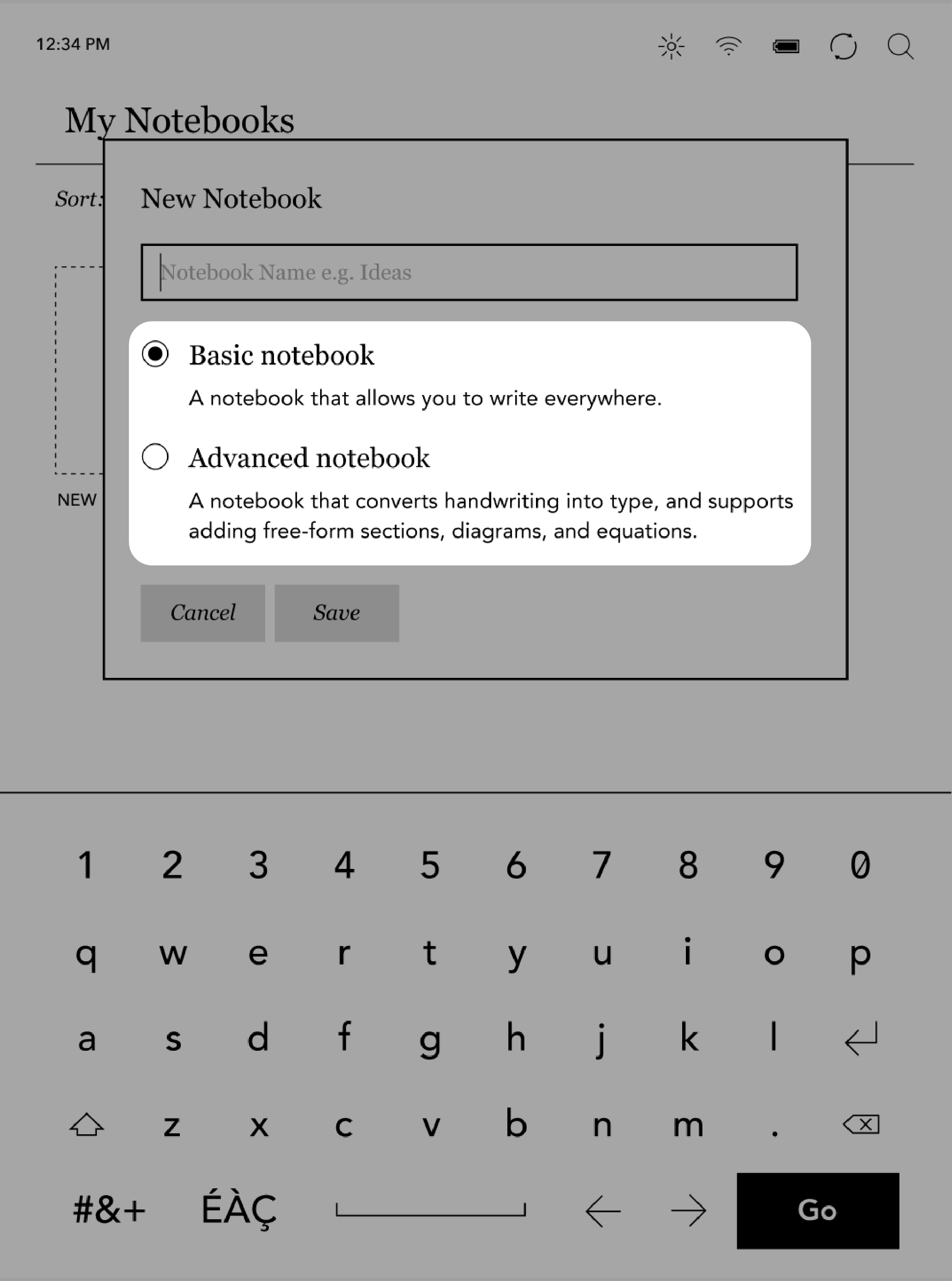 Kobo eReader-menu Nieuwe notitieblokken met de optie Basisnotitieblok geselecteerd.