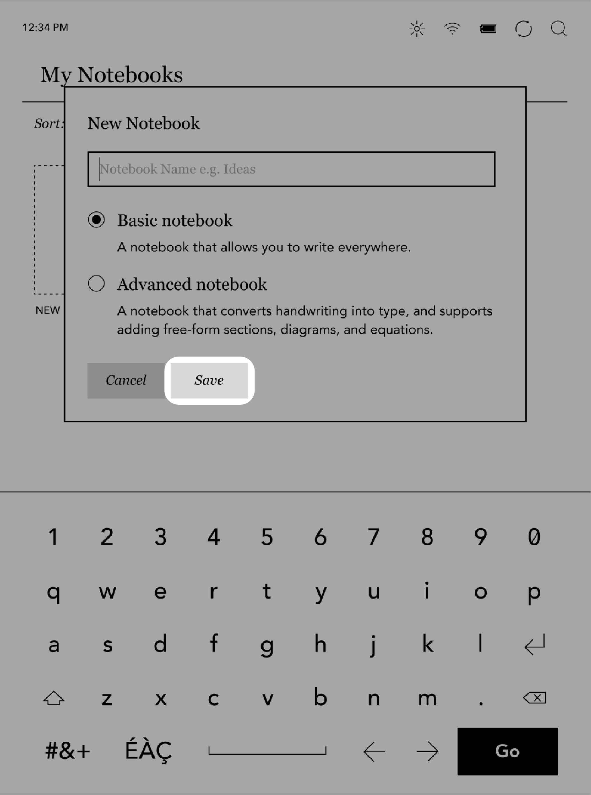 Kobo eReader Nieuwe Notitieboeken-menu met de Opslaan-knop gemarkeerd.