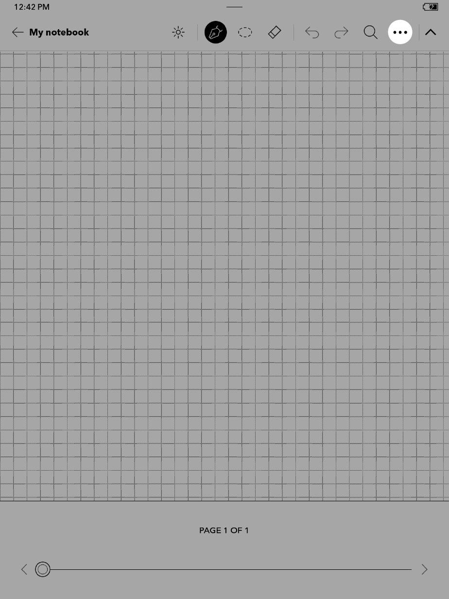 Kobo eReader Notitieboekweergave met het menu-icoon met de drie puntjes gemarkeerd.