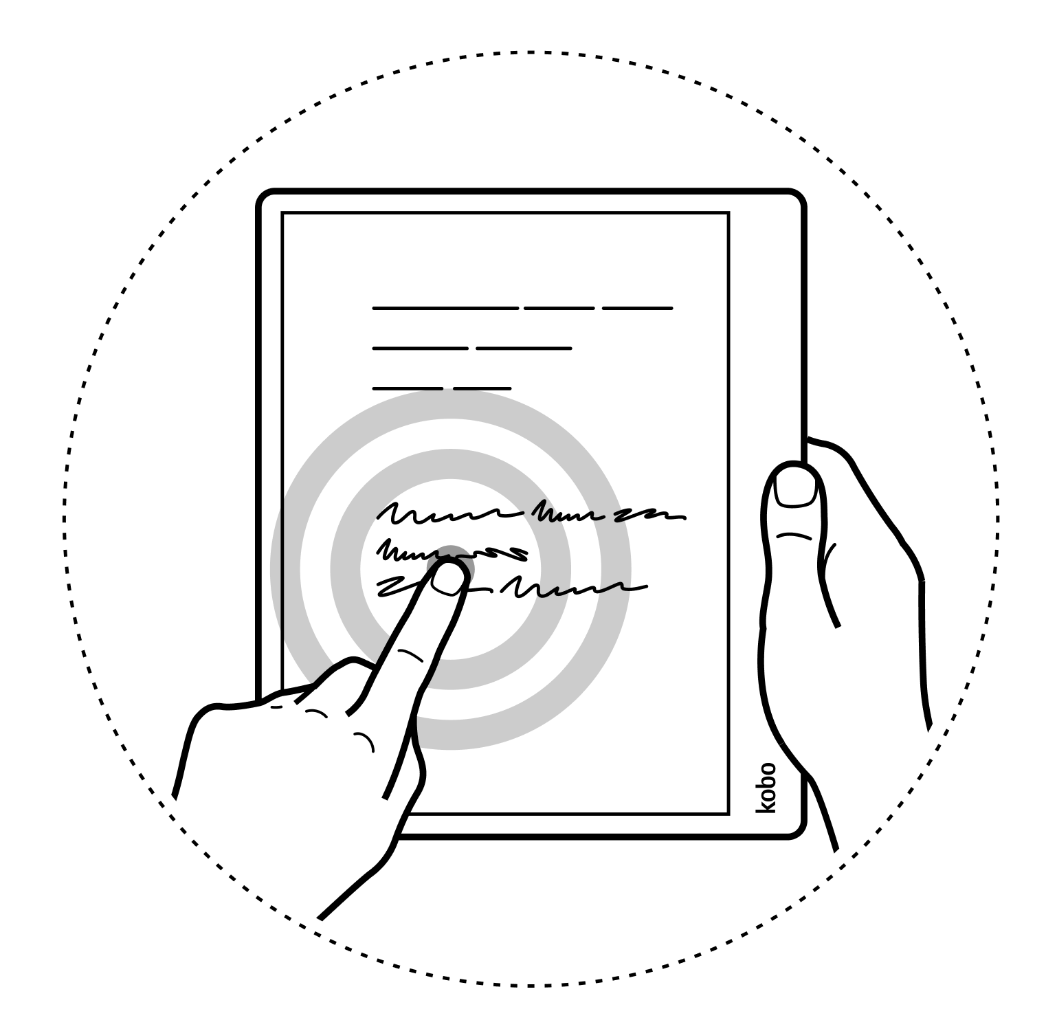 Ilustração de tocar e manter pressionado o ecrã de um eReader Kobo.