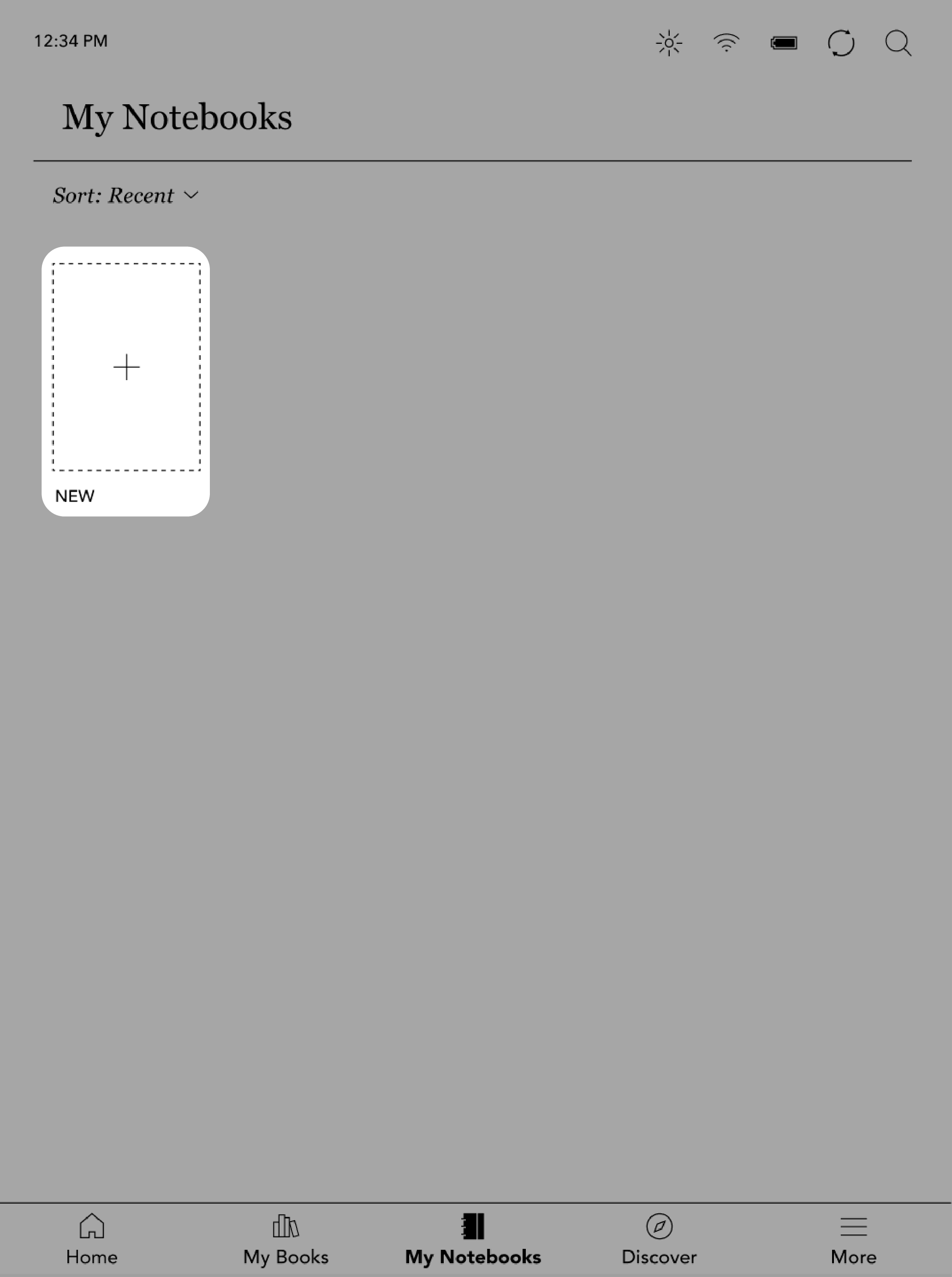 Kobo-läsplatta, vyn Mina anteckningsböcker med en tom anteckningsbok markerad.