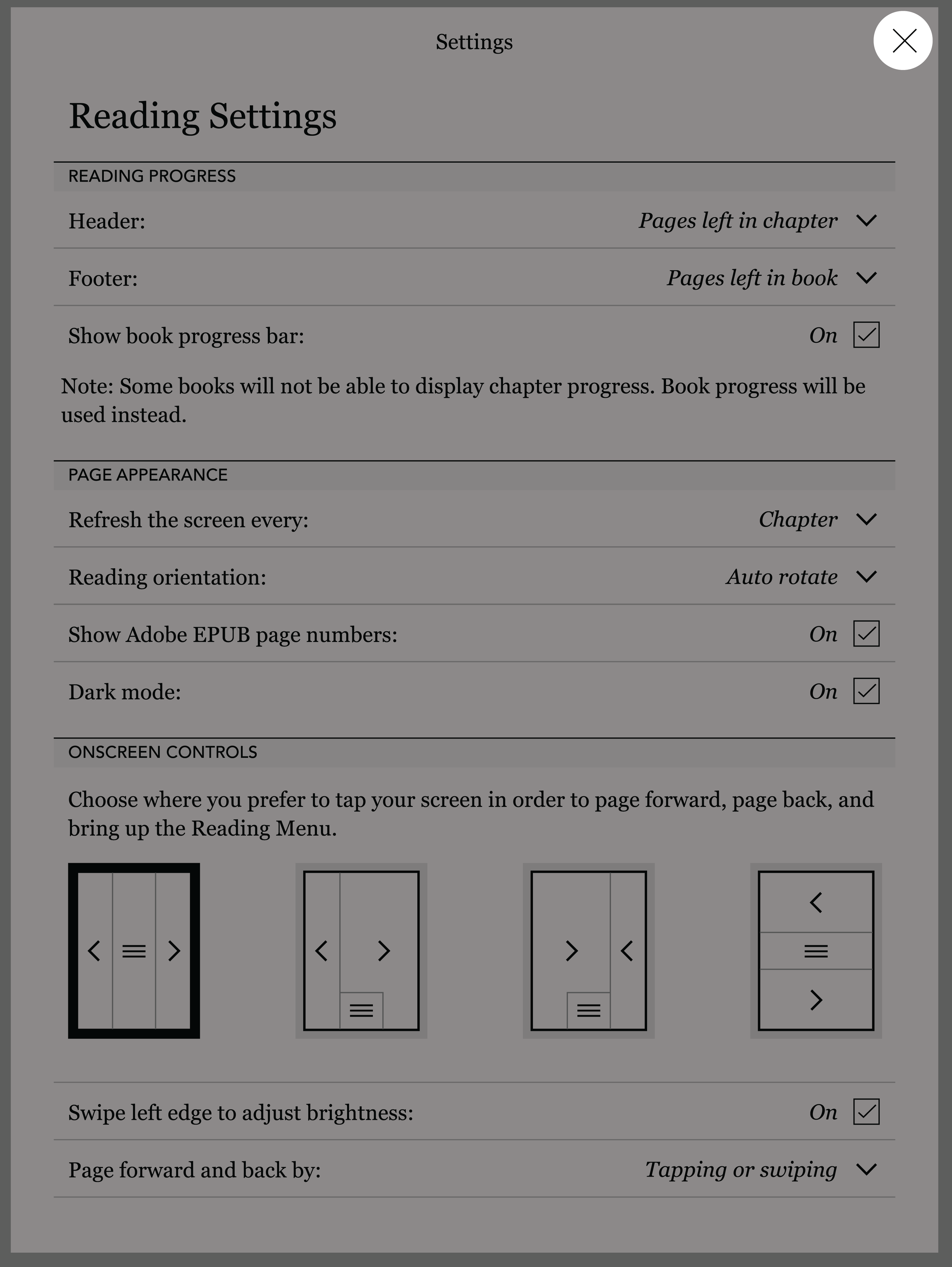 Kobo eReader Reading Settings menu with the X icon highlighted.