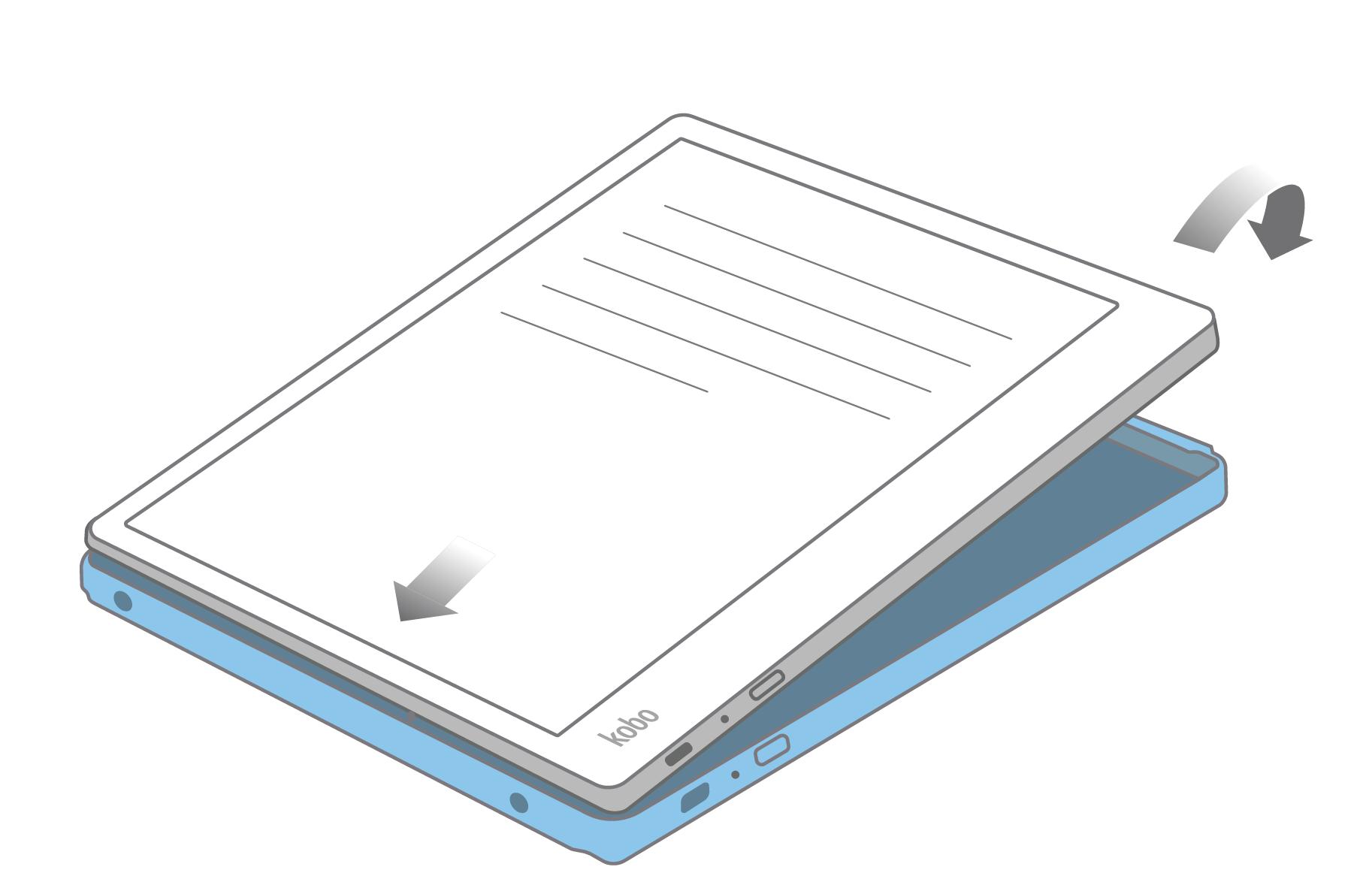 Illustration of a Kobo eReader being installed into a Kobo SleepCover.