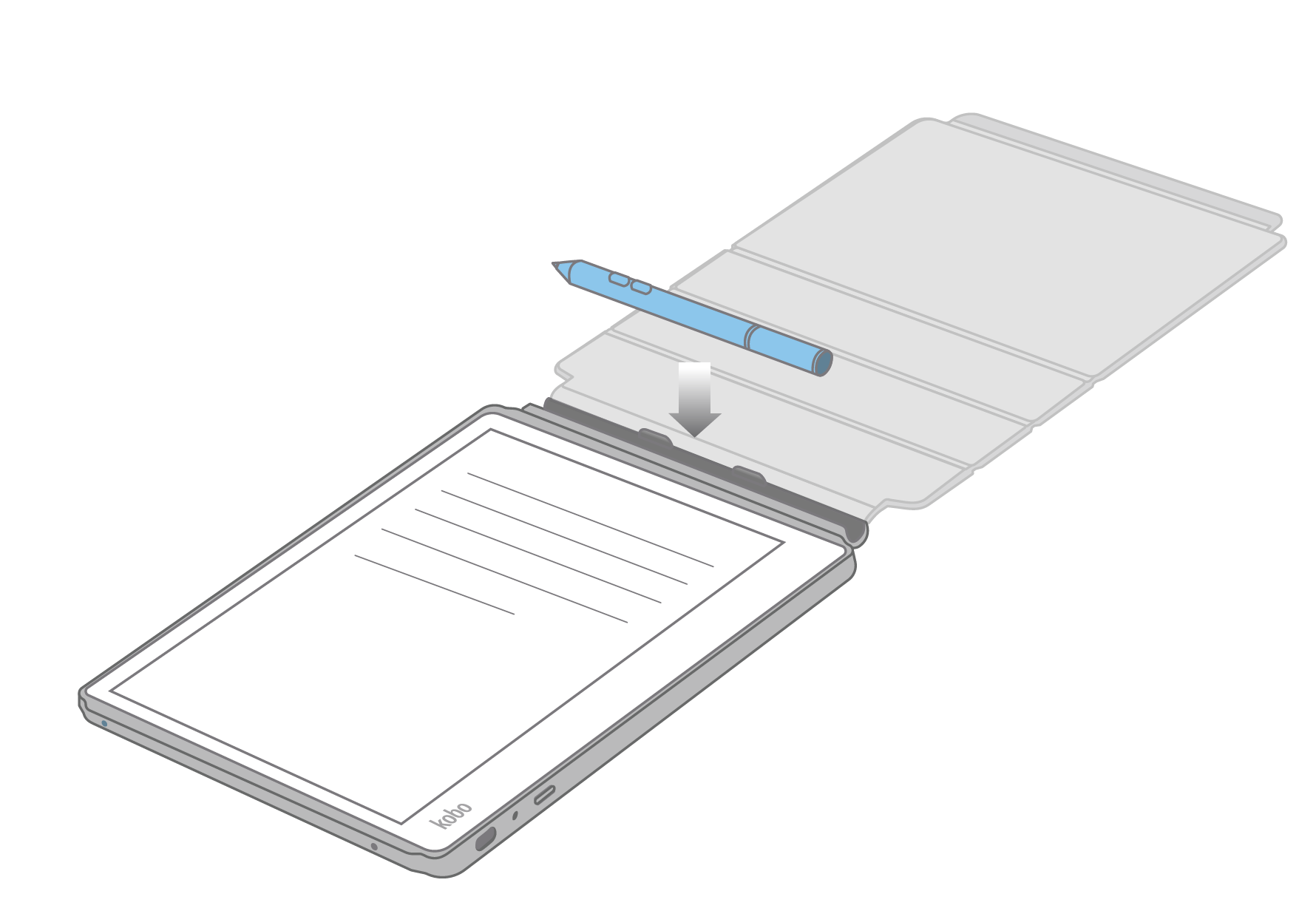 Illusration of a Kobo Stylus being installed into the Kobo SleepCover.