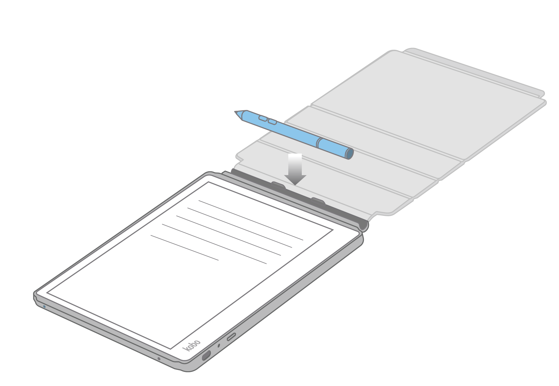 Illustration du rangement d'un Kobo Stylus dans un étui SleepCover Kobo.