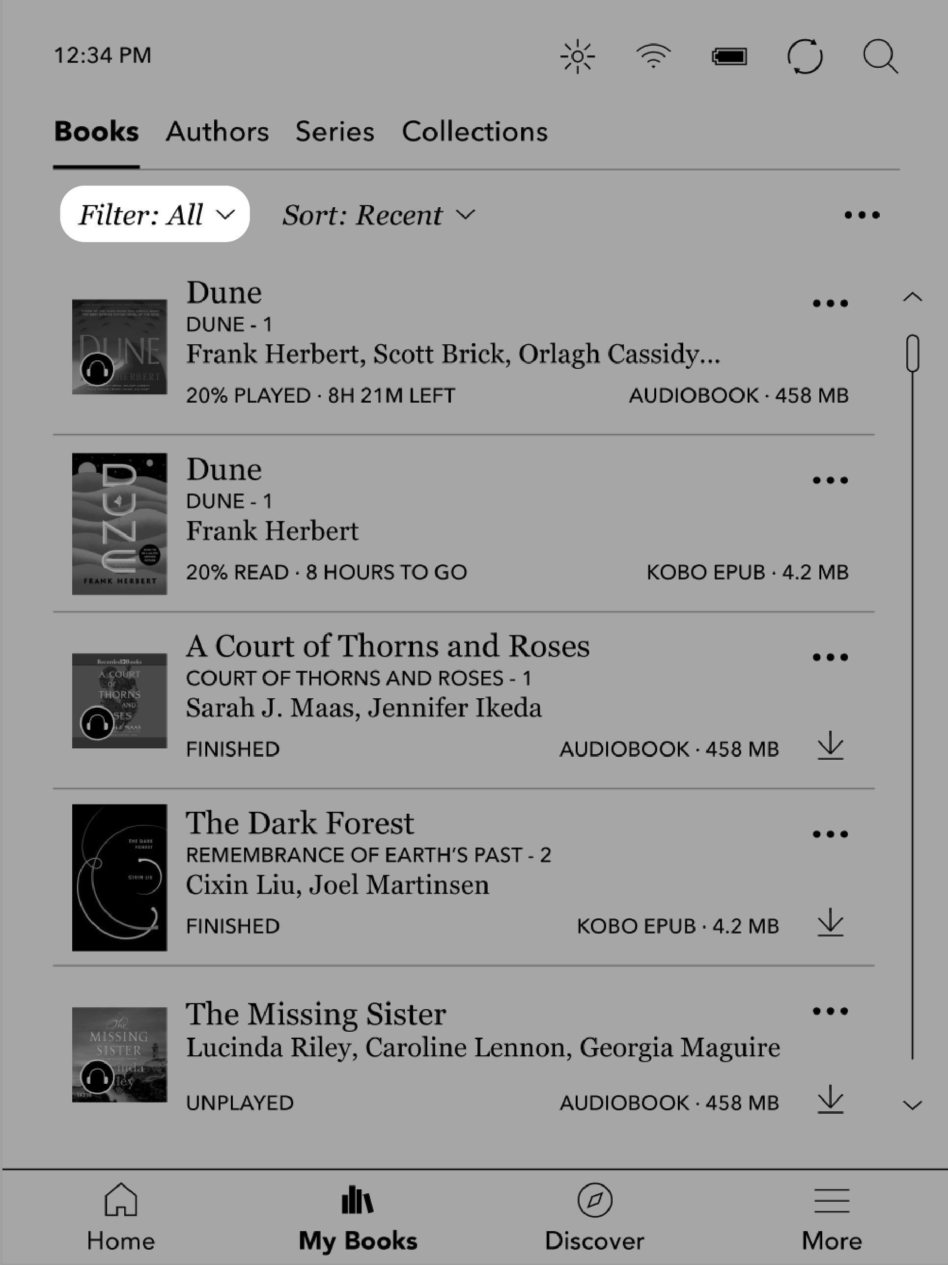 Kobo eReader 'Mijn boeken'-menu met het filtermenu voor boeken gemarkeerd.