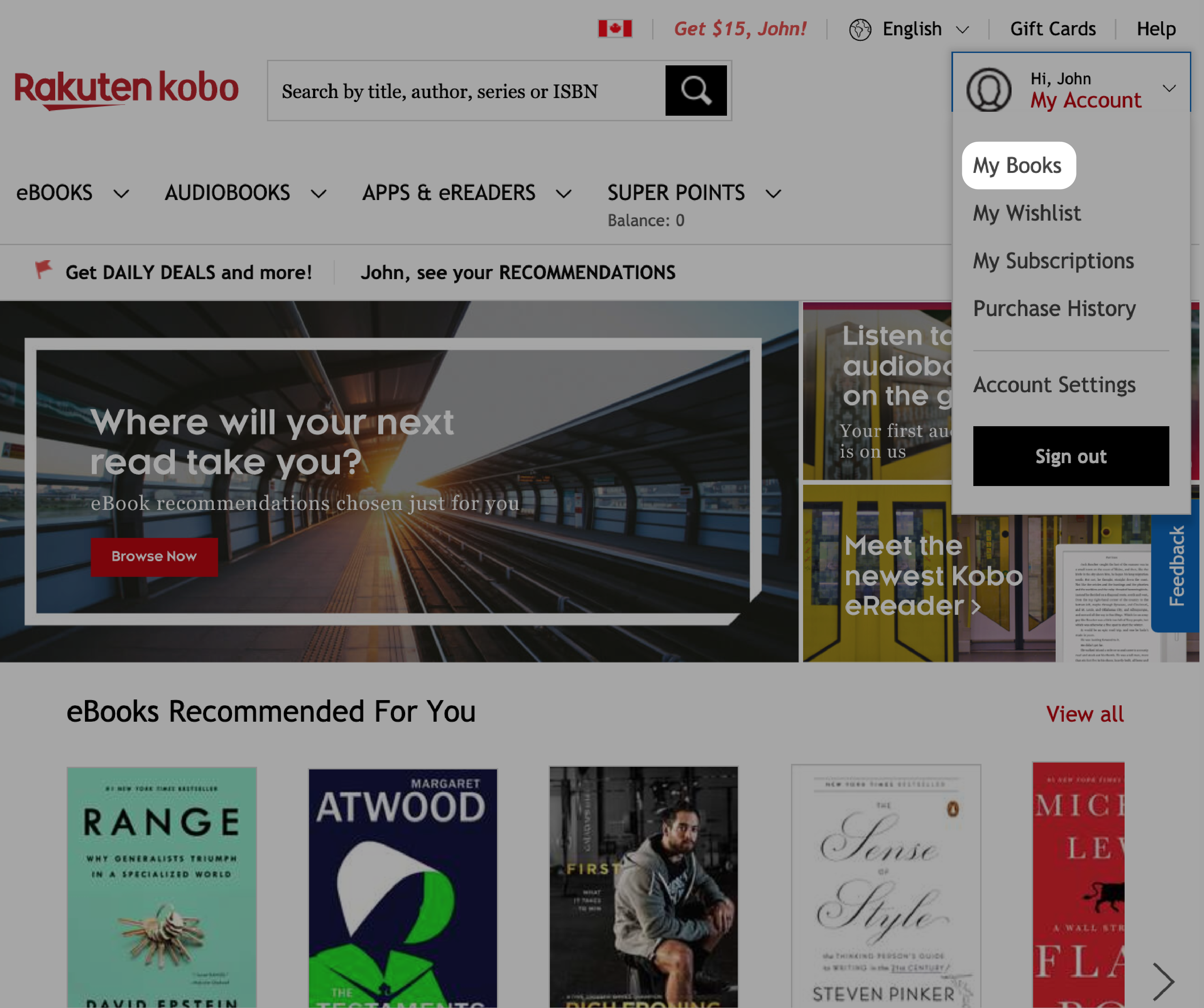 Página de inicio de Kobo.com con el menú Mis libros resaltado.