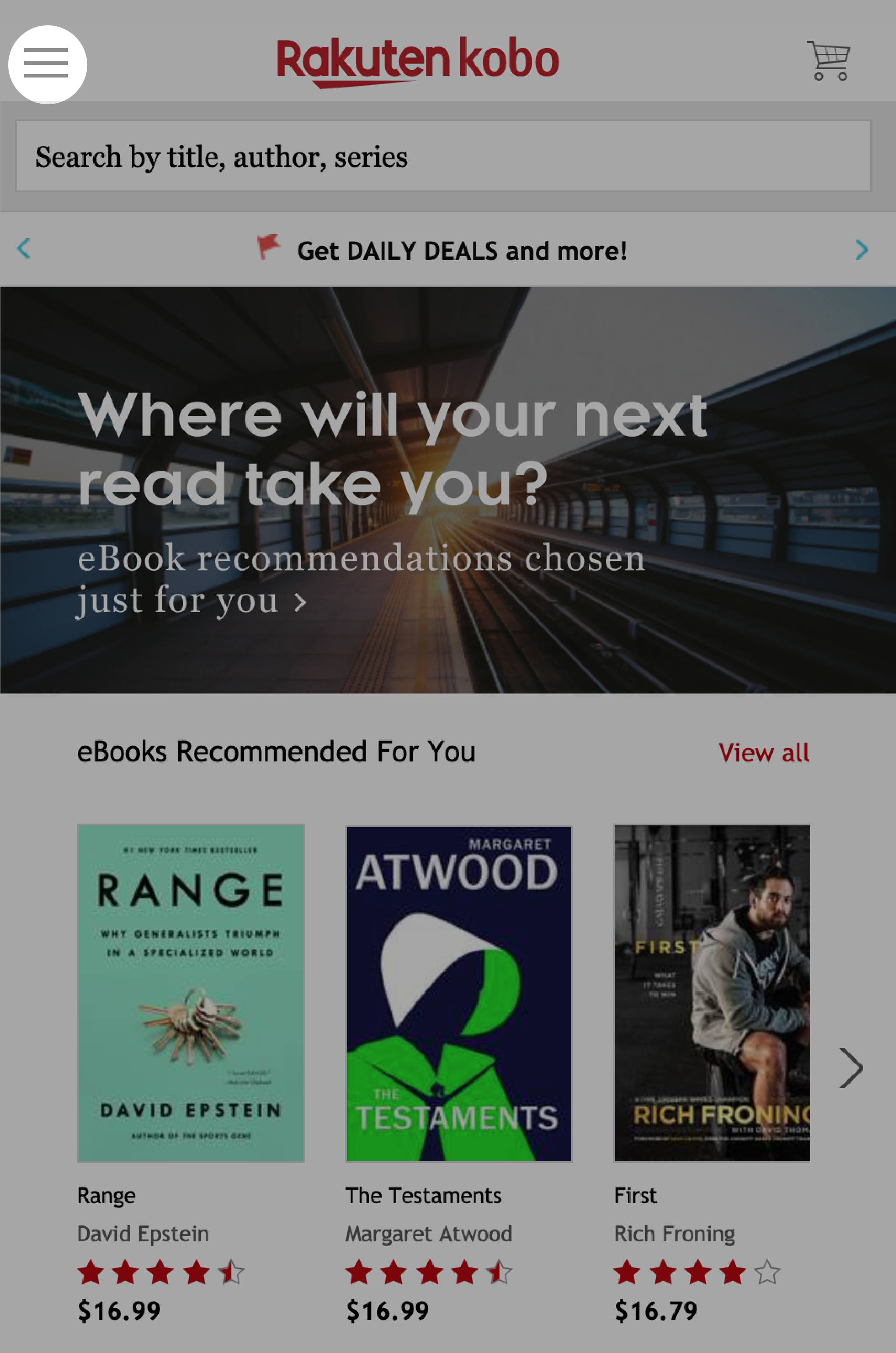 Kobo.com, startsida i mobilvy med menyikonen markerad.