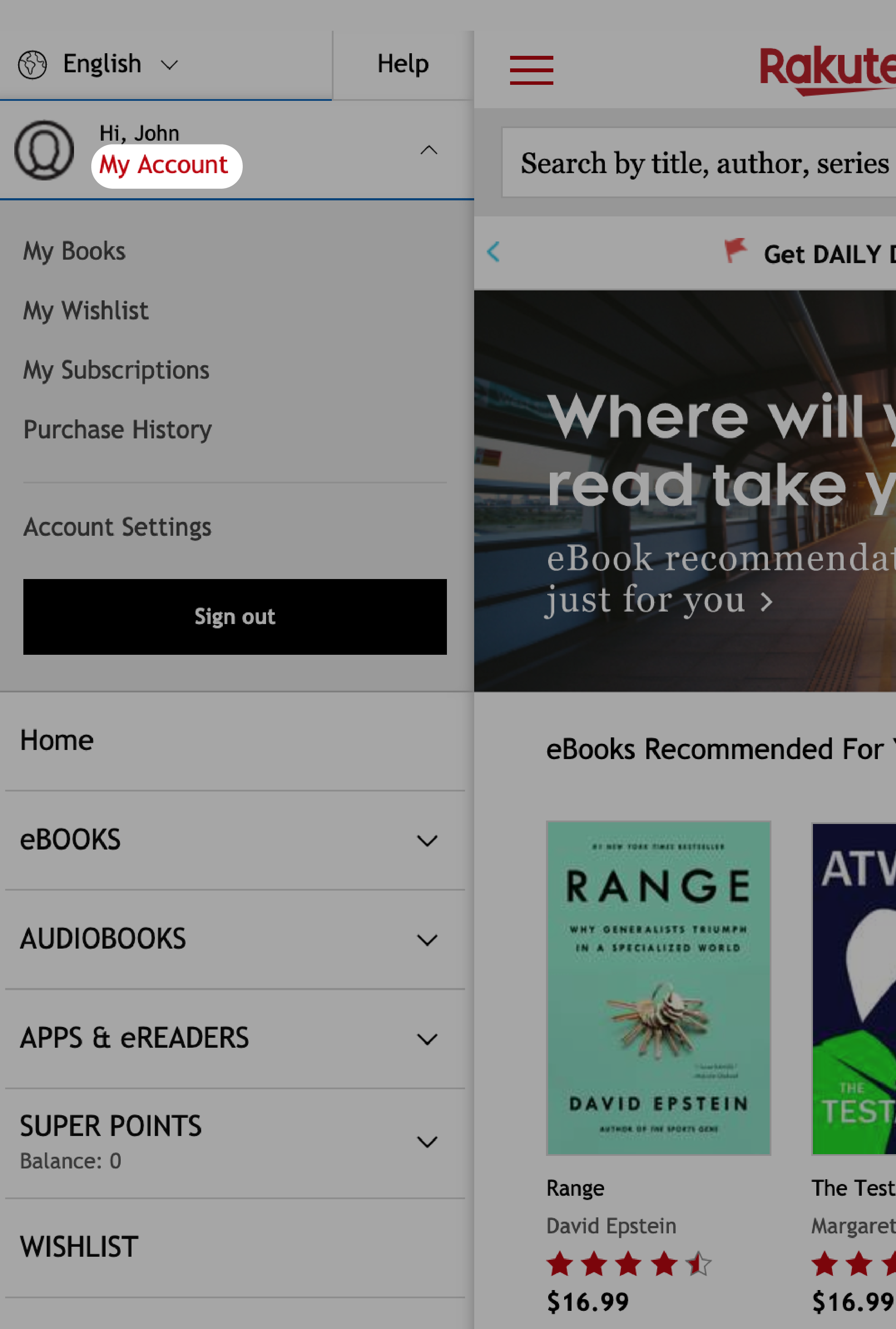 Kobo.com, startsida med knappen Mitt konto markerad.