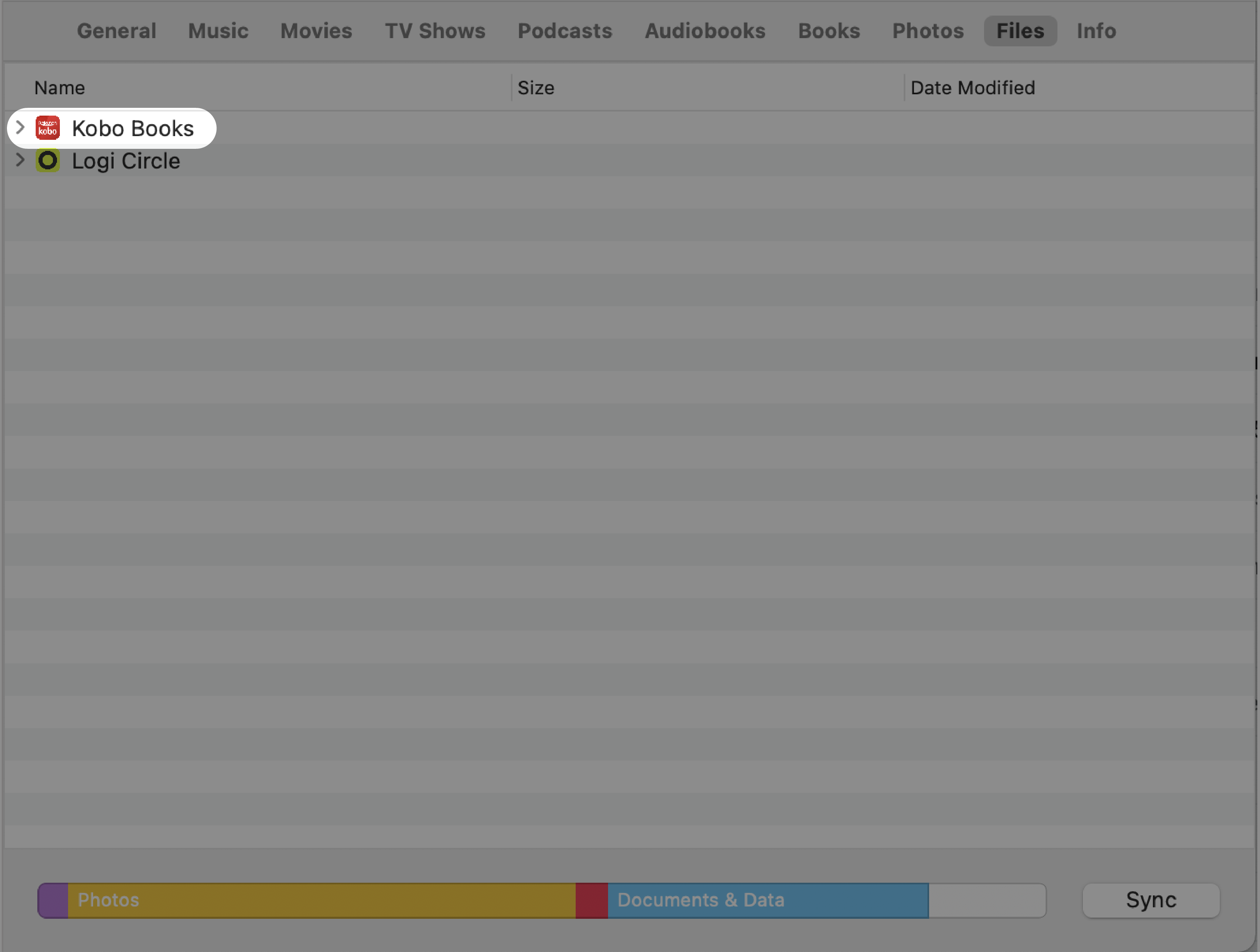 Directory dei file in iTunes con l'app Kobo Books evidenziata.