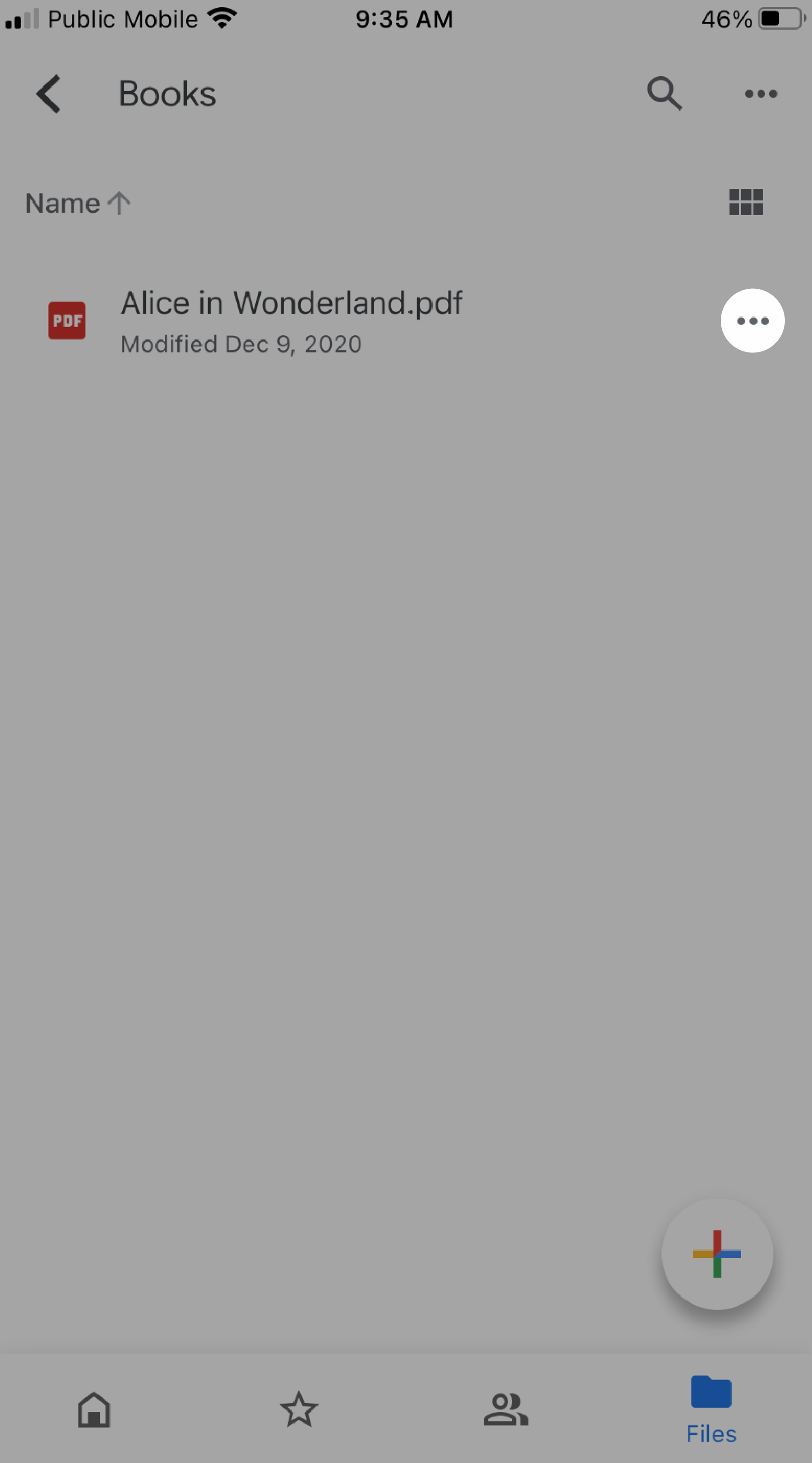 Visualizzazione file di Google Drive con l'icona Menu e l'icona con i 3 punti evidenziati.