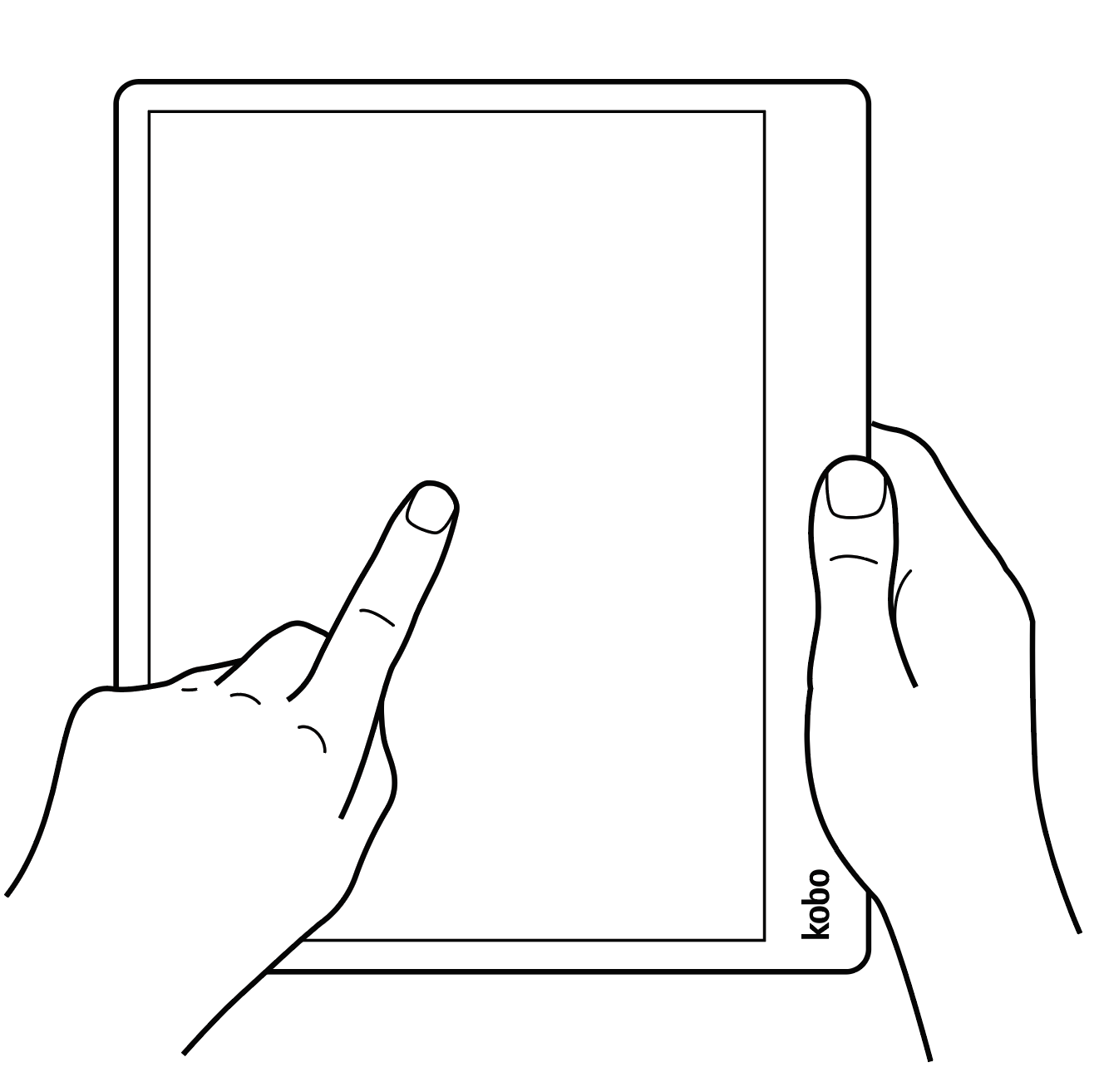 Illustration einer Hand, die einen eReader hält und auf den Bildschirm tippt.