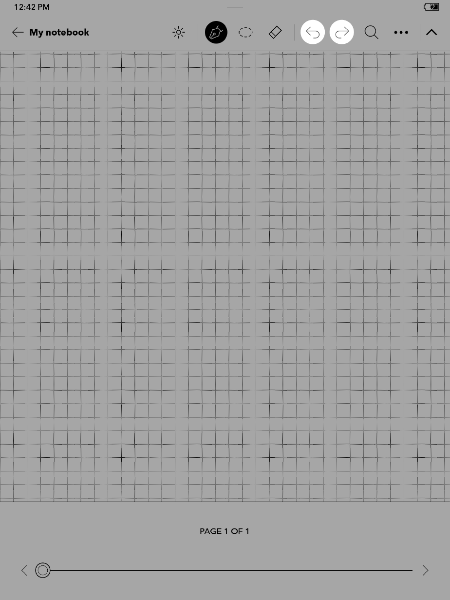 Kobo eReader Notizbuchansicht mit den hervorgehobenen Rückgängig- und Wiederholen-Pfeilsymbolen nahe der oberen Bildschirmkante.