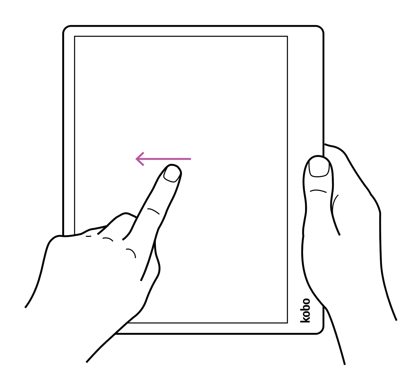 Illustration of Kobo eReader held with one hand and the other hand swiping left on the screen.