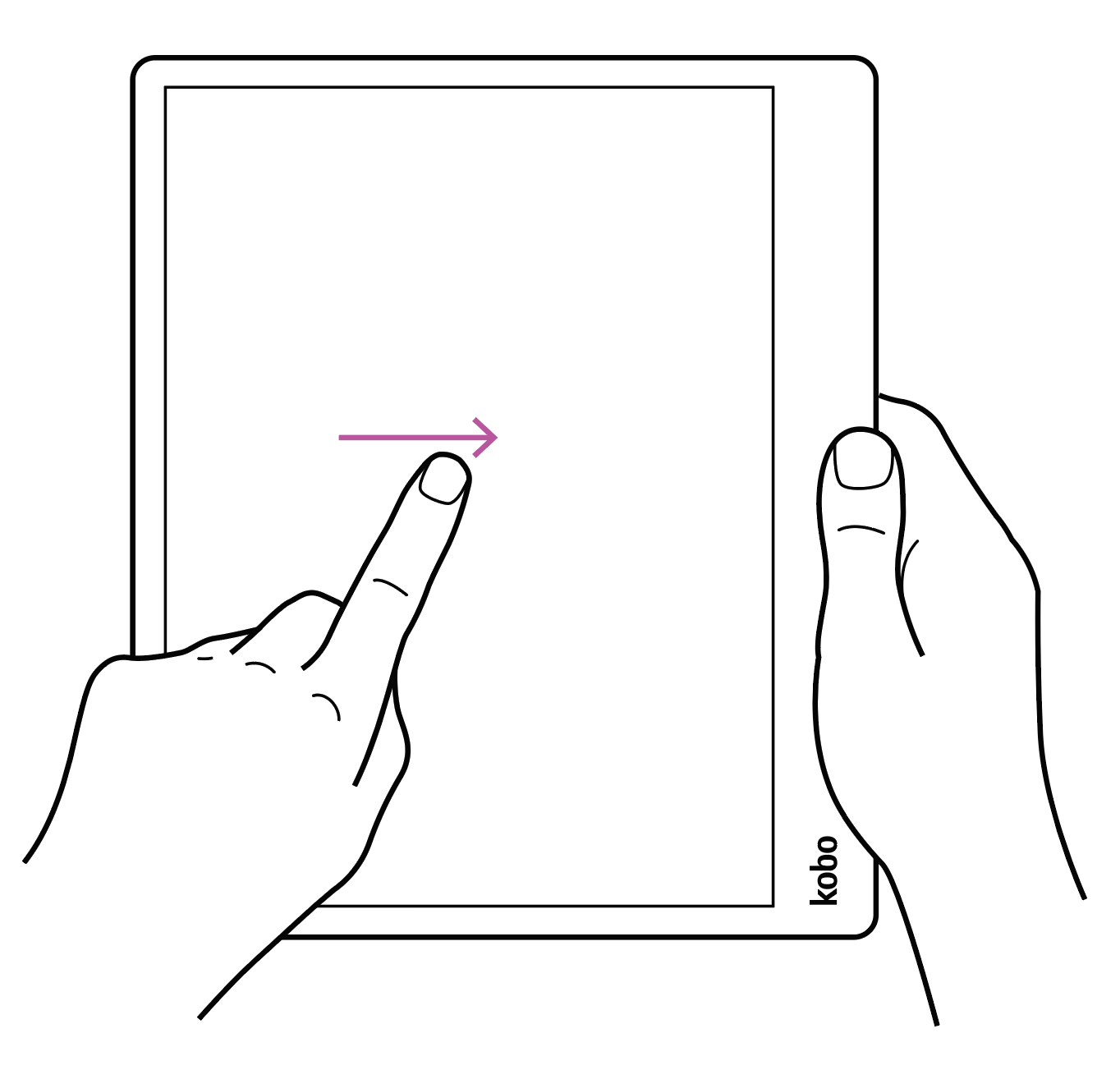 Illustration of Kobo eReader held with one hand and the other hand swiping right on the screen.