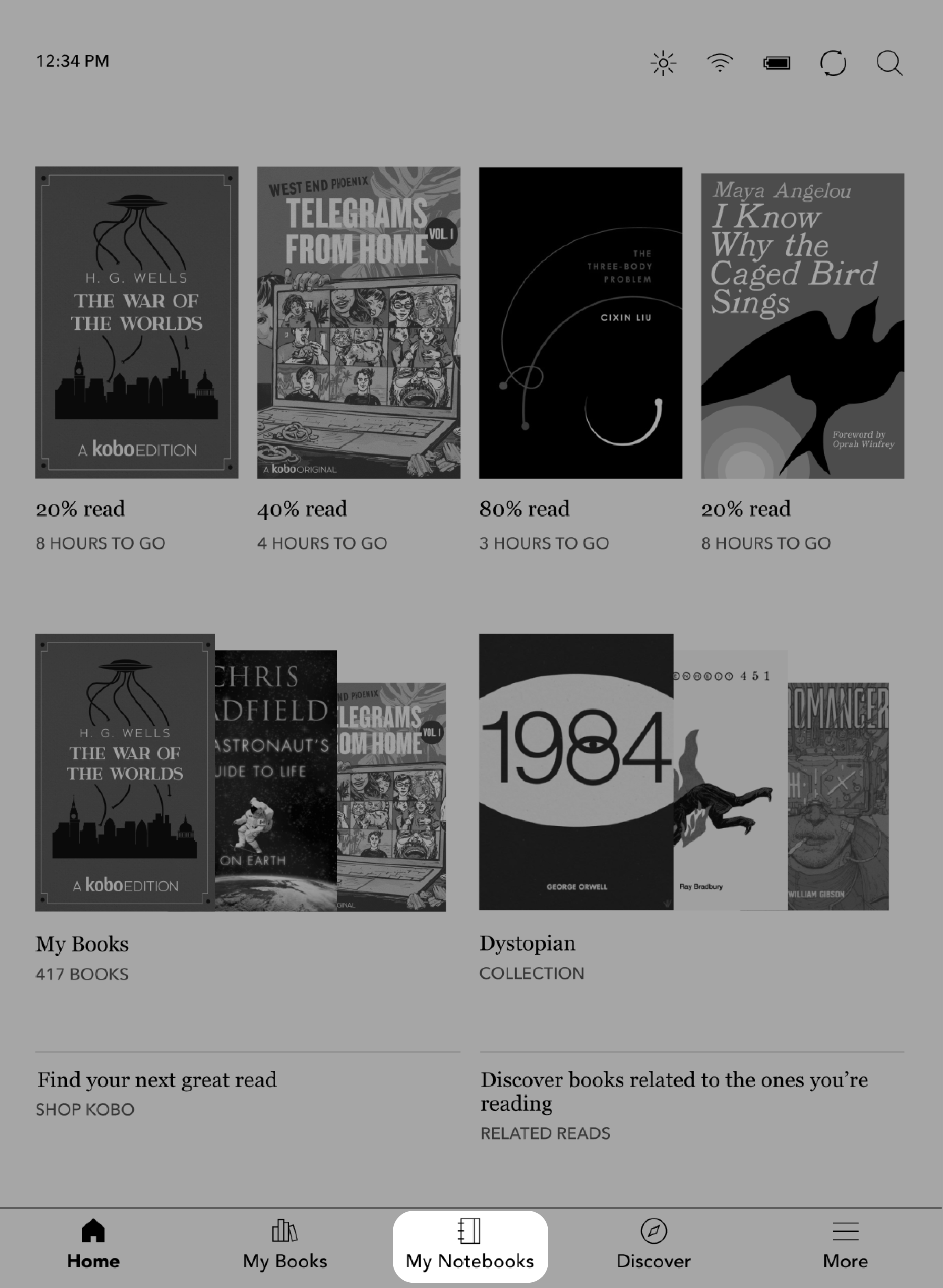 Kobo eReader Home screen view with the My Notebooks button highlighted.