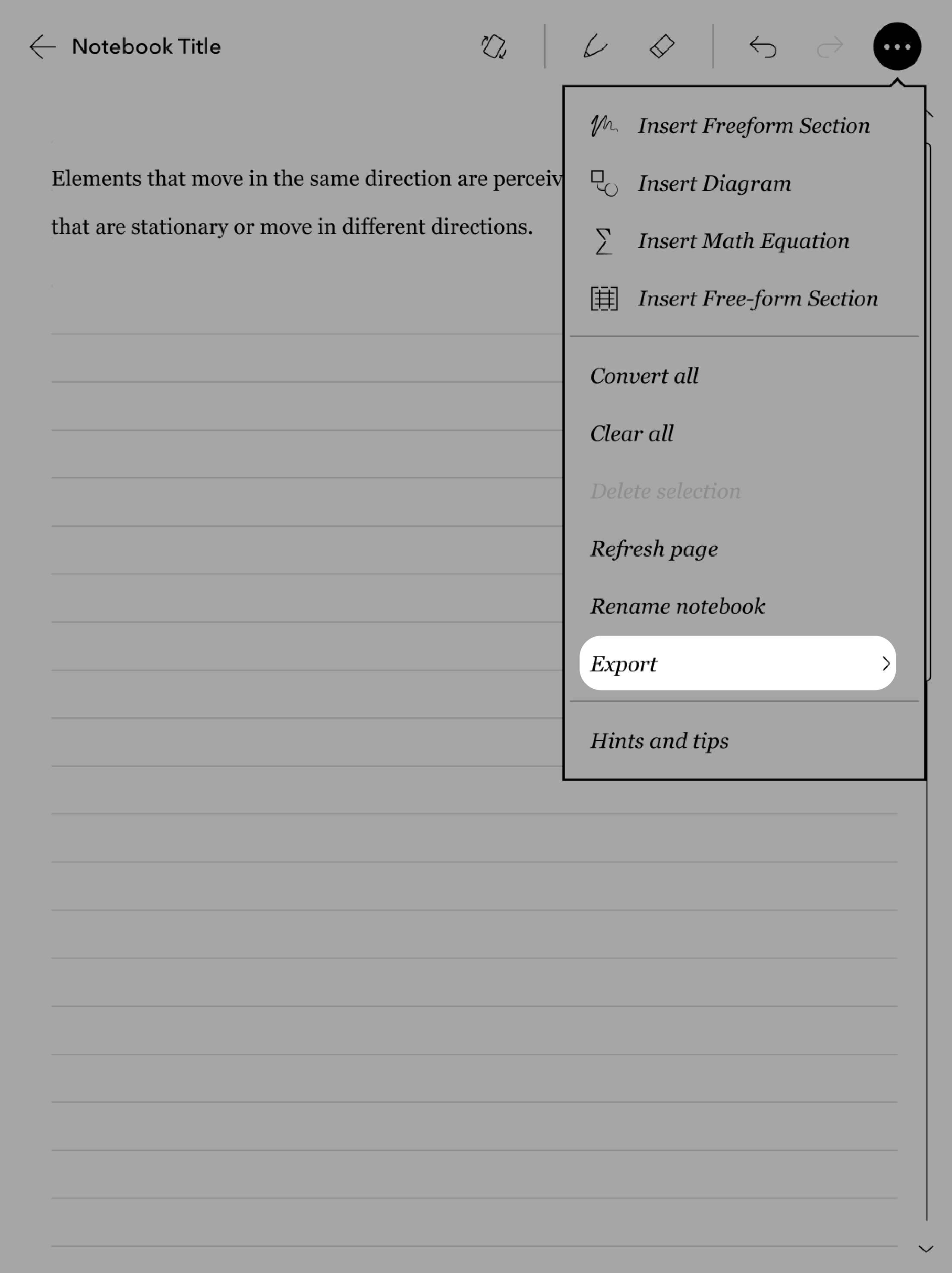Notebook view with the Export button highlighted.