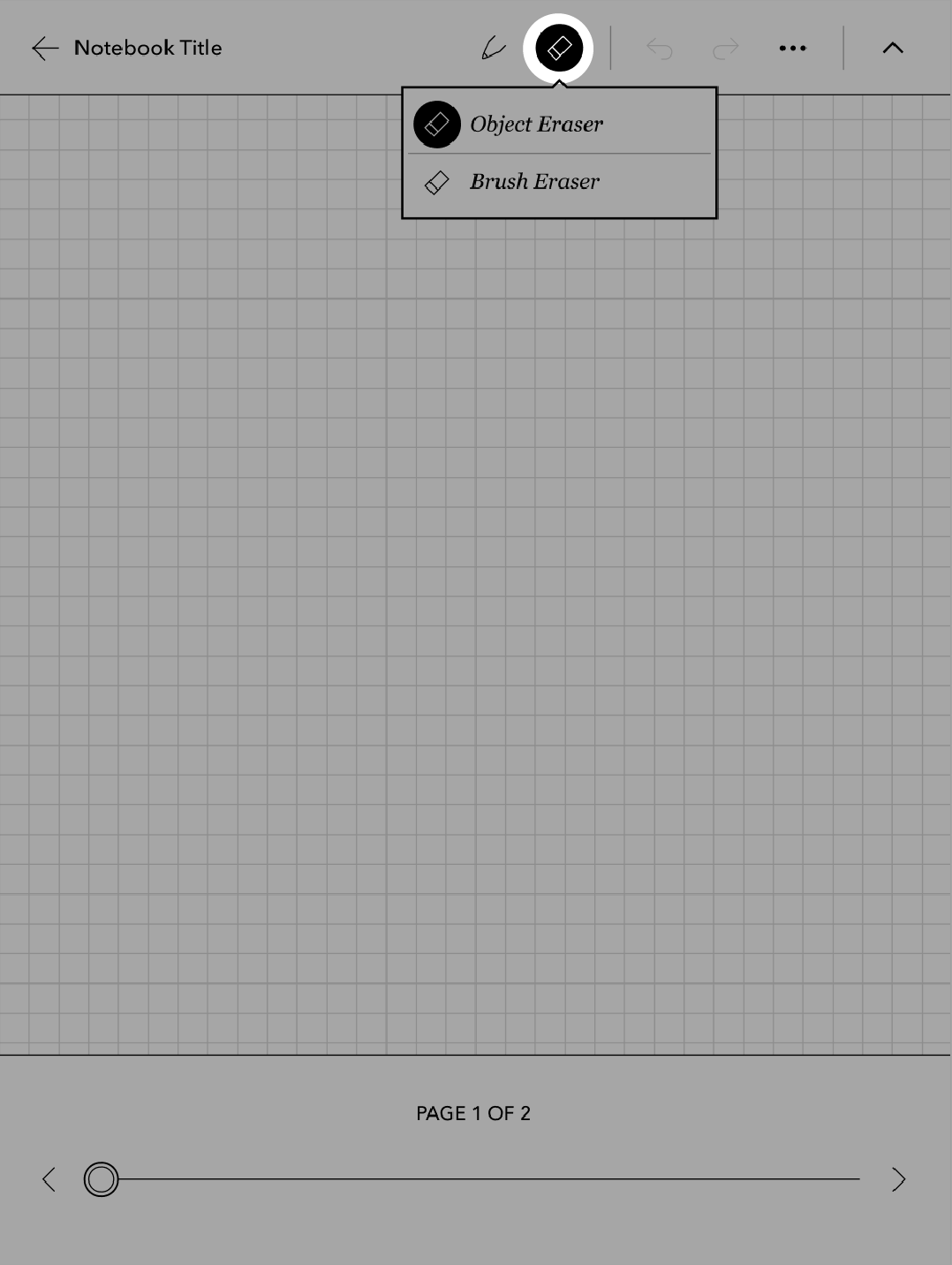 Kobo eReader Notebook view with the Object eReader icon highlighted near the top of the screen.