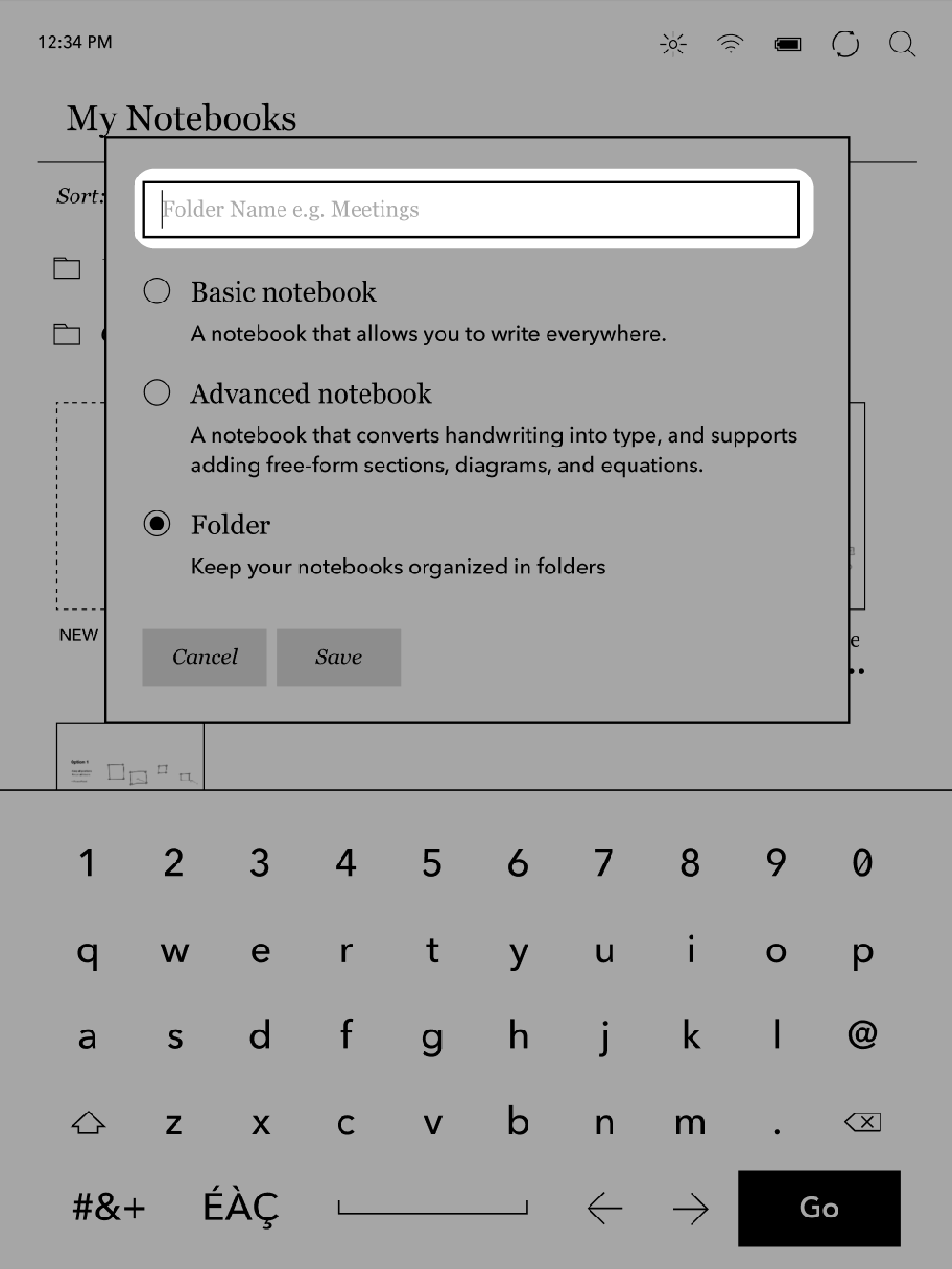 Notebook view with blank Notebook name field highlighted.