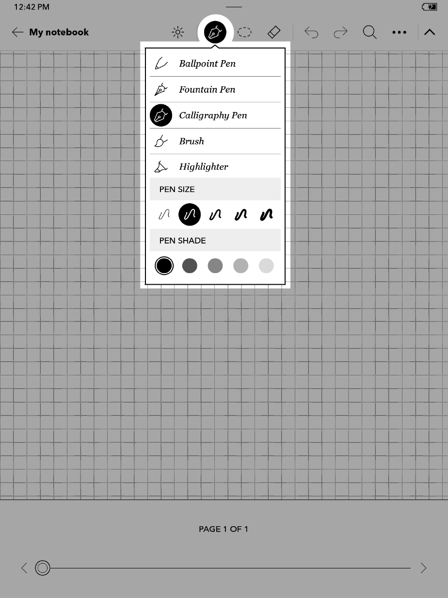 Kobo eReader notebook view with the Pen icon highlighted.