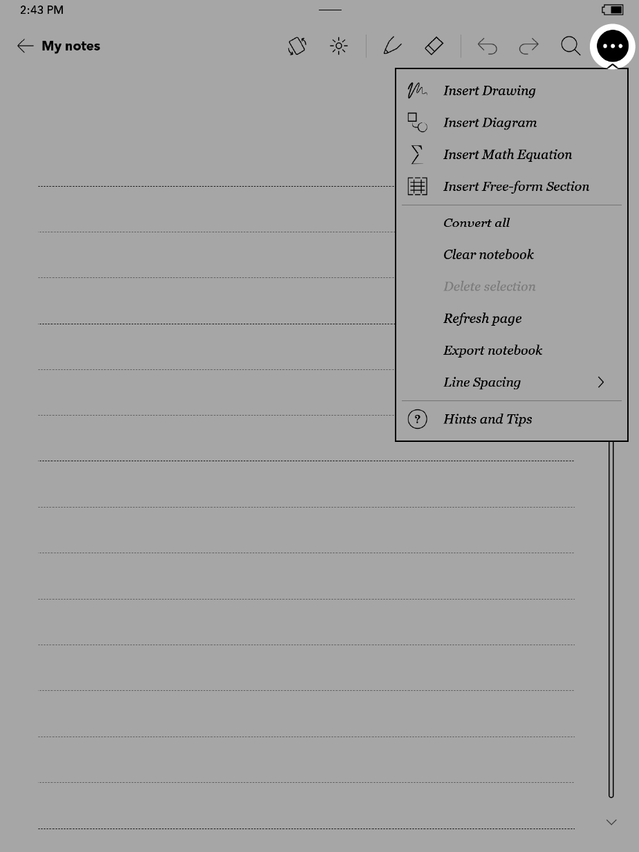 Kobo eReader notebook view with the three dots menu icon highlighted near the top of the screen.
