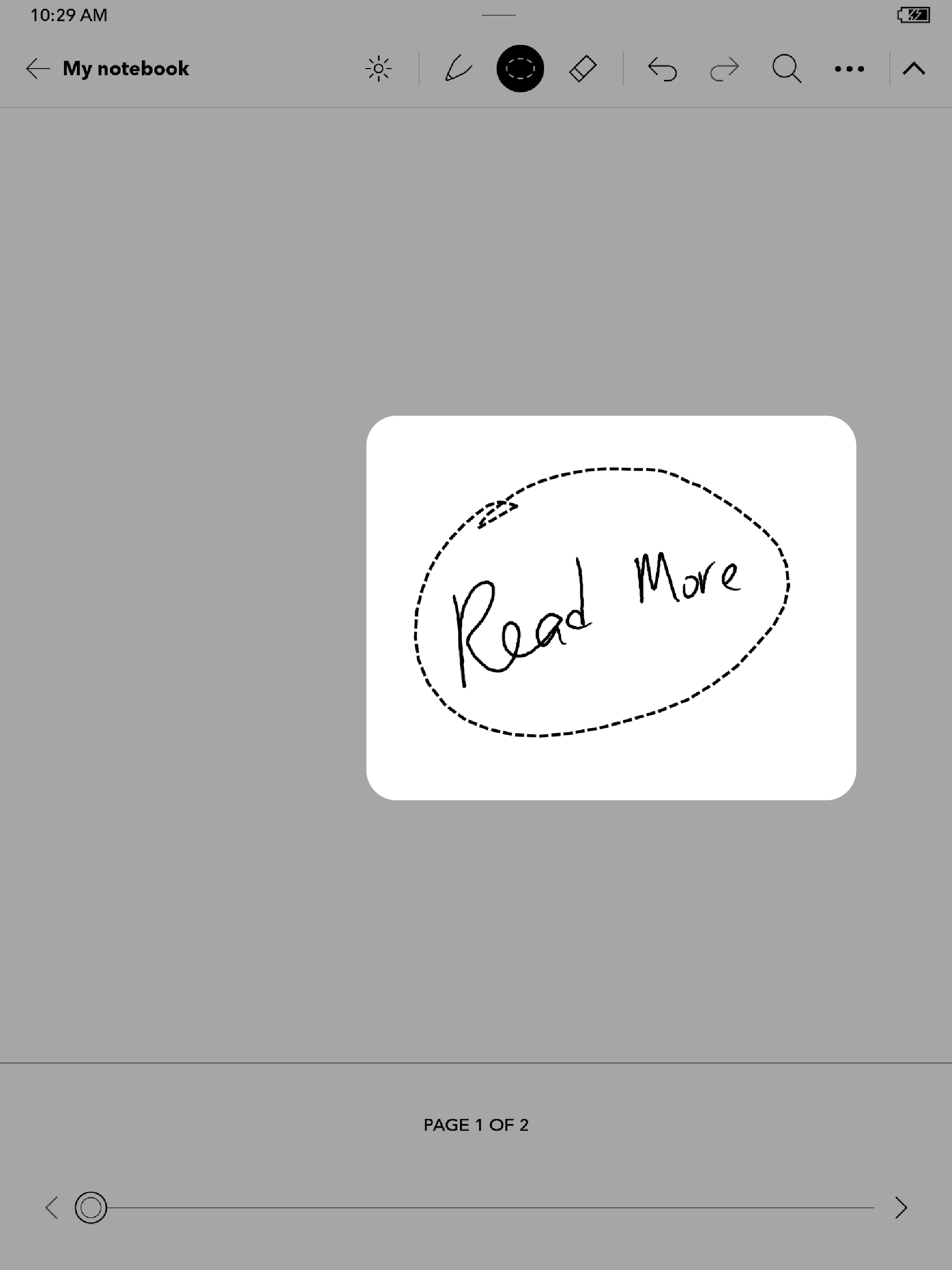 Notebook view with the lasso icon around a word.