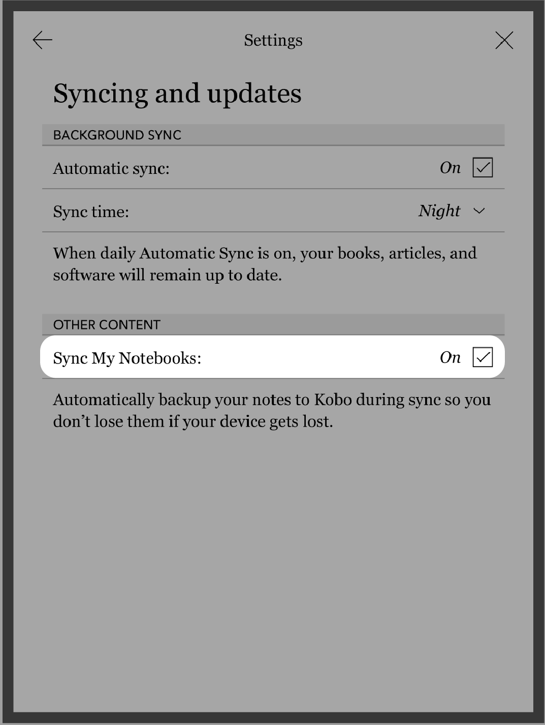 Kobo eReader Settings menu with Sync My Notebooks checkbox selected.