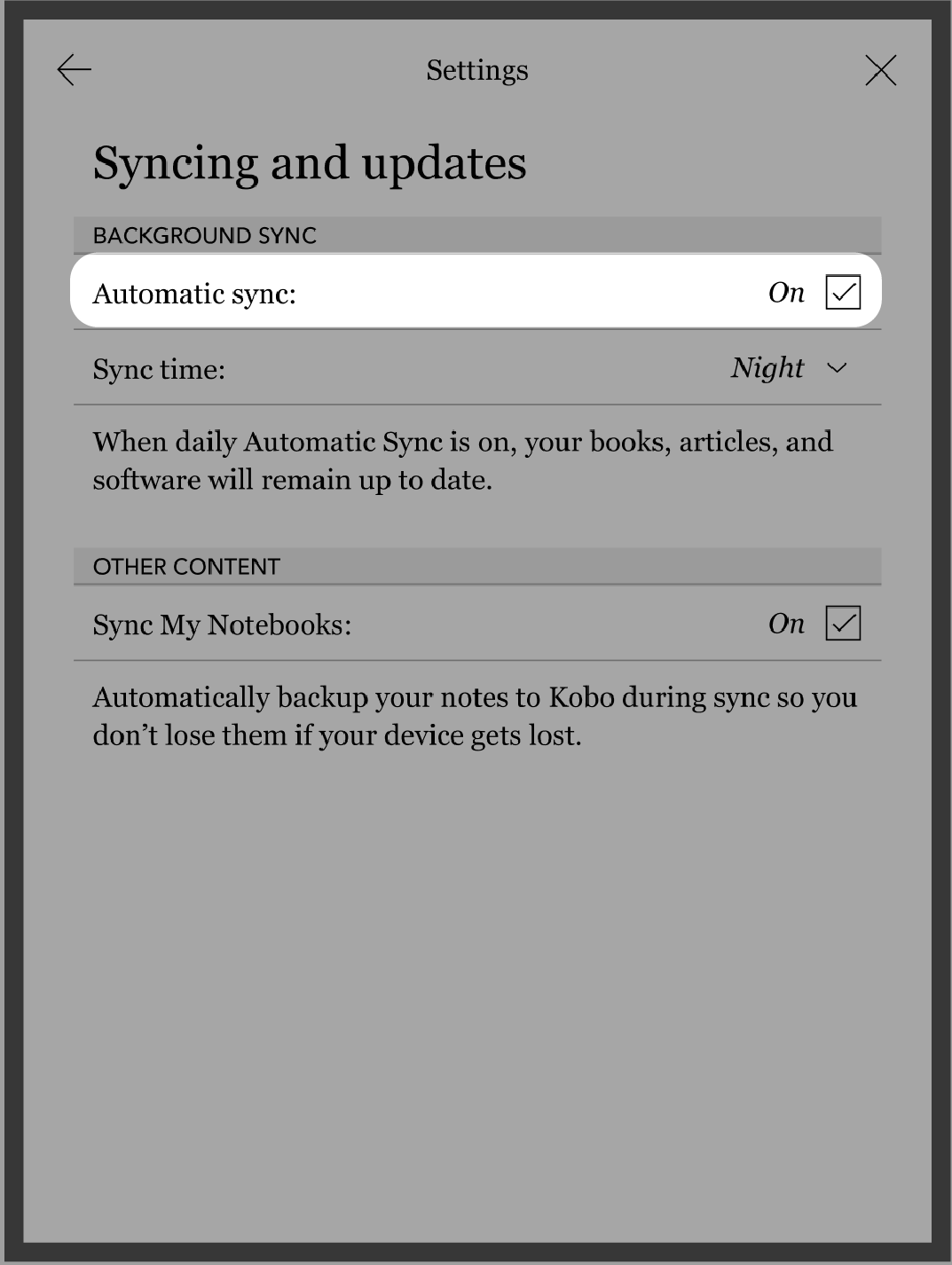 Kobo eReader Settings menu with Automatic Sync checkbox selected.