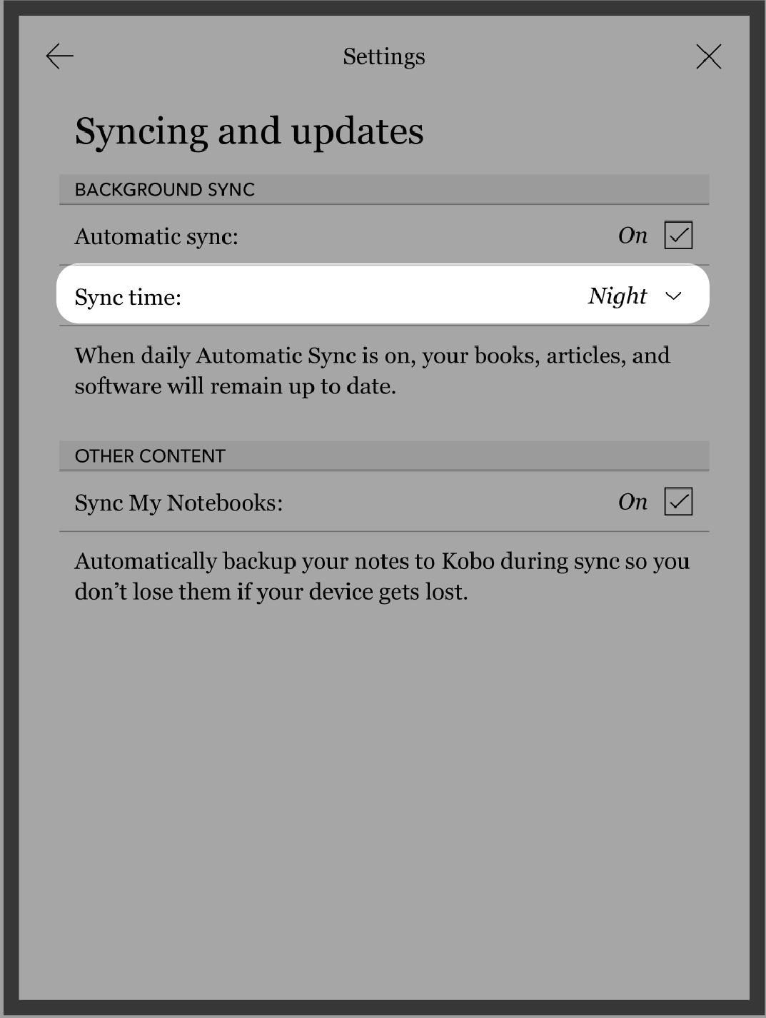 Kobo eReader Settings menu with Sync time settings highlighted.