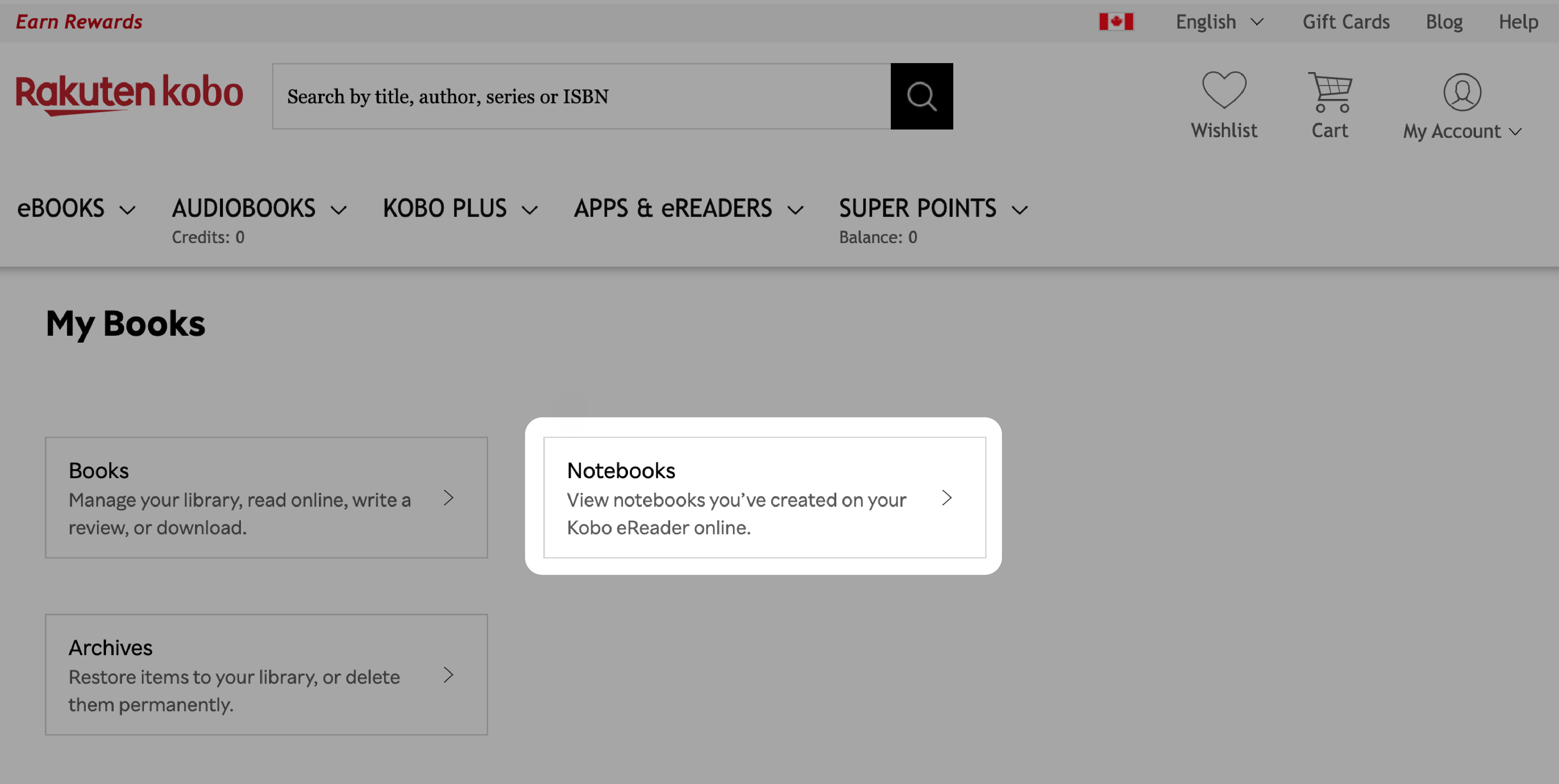 Kobo.com My Books menu with Notebooks option highlighted.