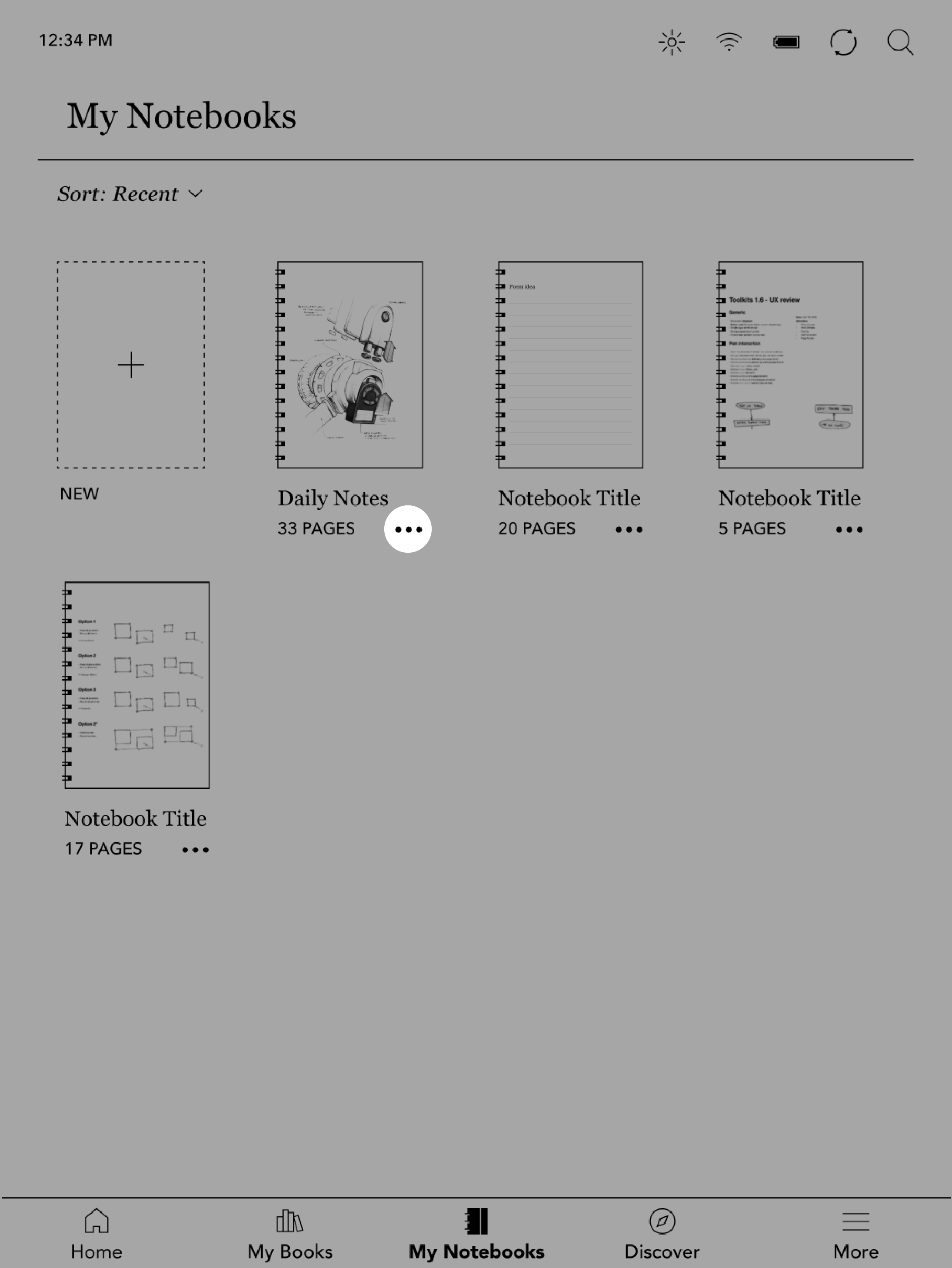 Vista de Cuadernos con el ícono de tres puntos del Menú resaltado.