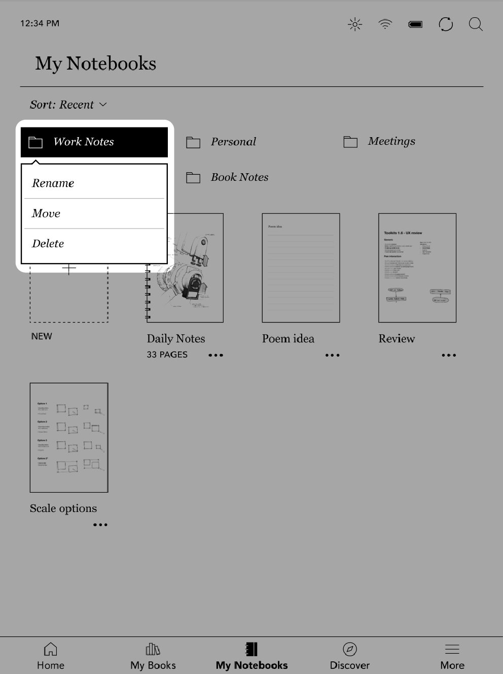 Vista de Mi Cuaderno con las opciones Renombrar, Mover y Eliminar resaltadas.