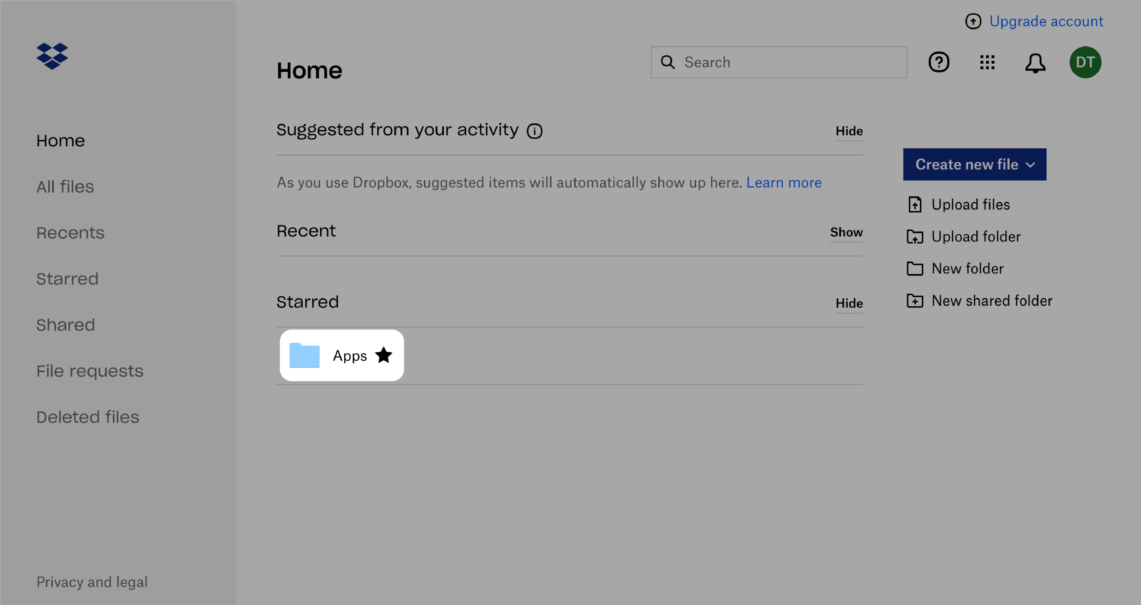 Schermata Home di Dropbox con la cartella App evidenziata.