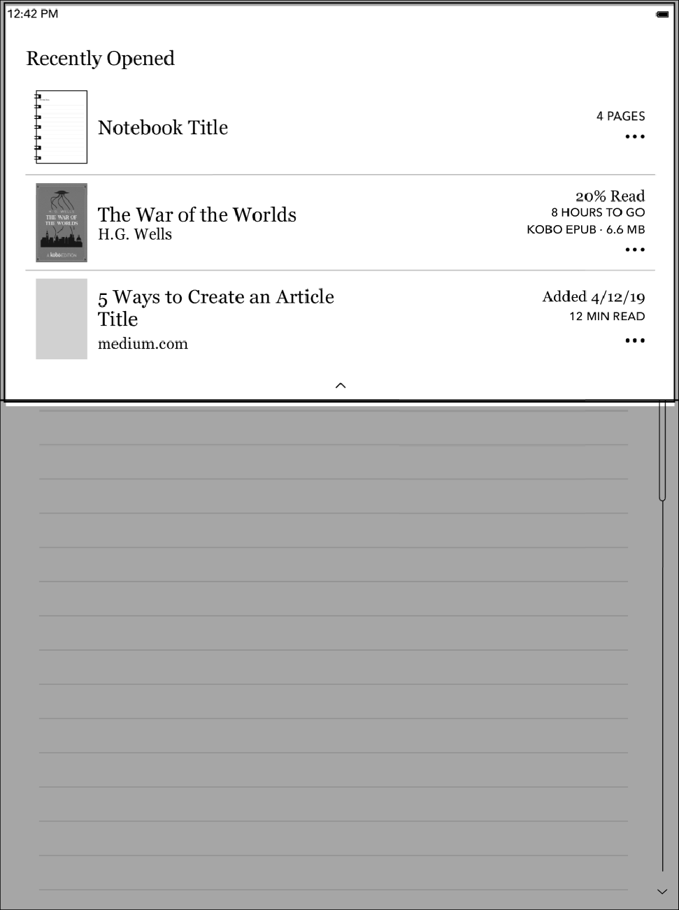 Menu Recentemente aperti dell'eReader Kobo con un elenco di libri nella parte superiore dello schermo.