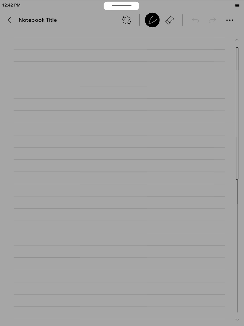 Kobo eReader notitieboekweergave met een horizontaal lijnpictogram nabij de bovenkant van het scherm gemarkeerd.