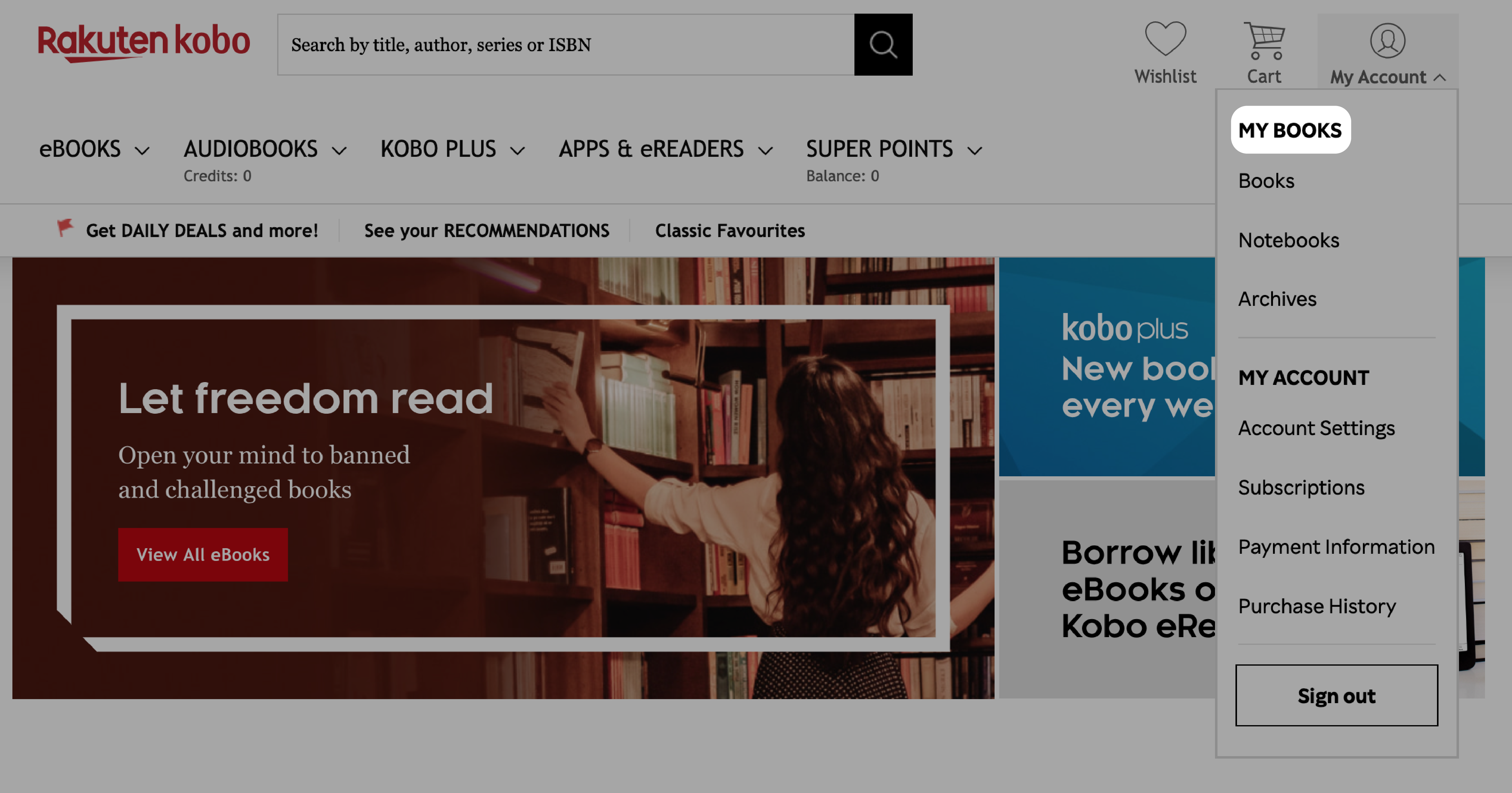 Kobo.com sin hjemmeside med «Mine bøker»-menyen uthevet.