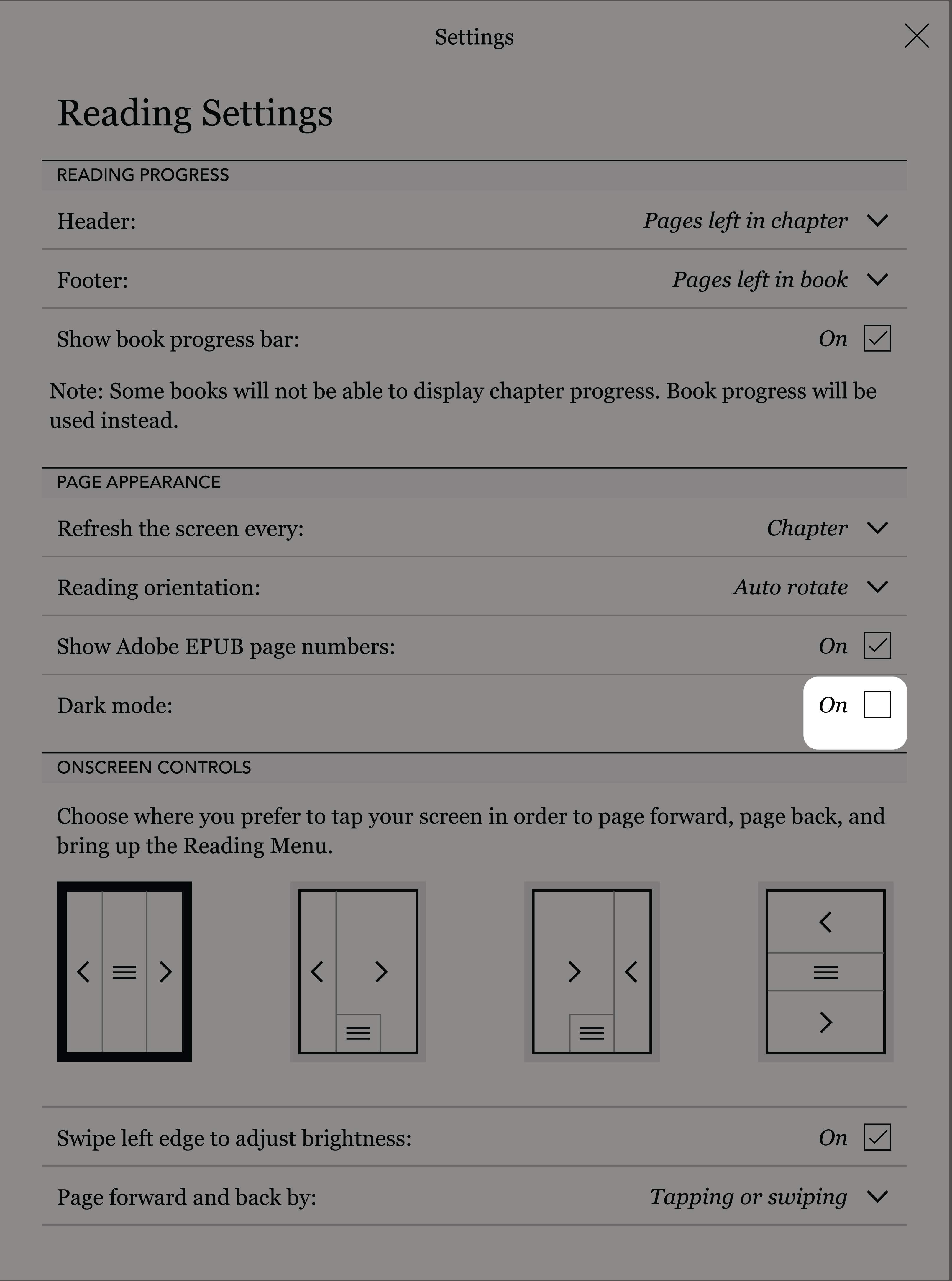 Kobo eReader Reading Settings menu with the On checkbox highlighted.