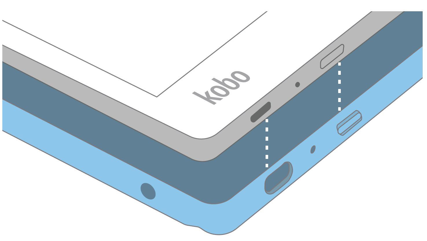 Illustration of a Kobo eReader aligning the ports with the Kobo SleepCover.