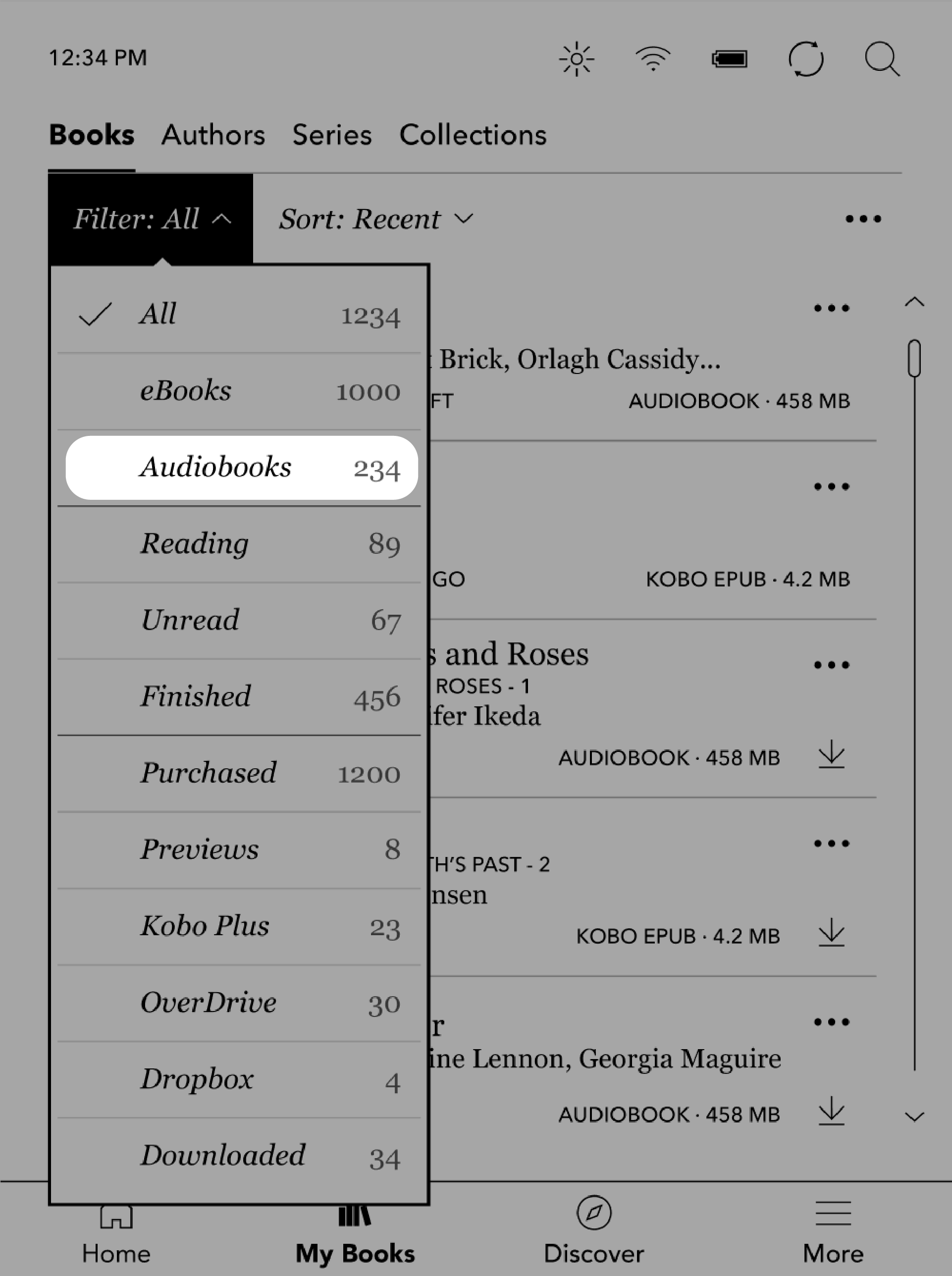 Kobo eReader My books menu with the Audiobook filter highlighted.