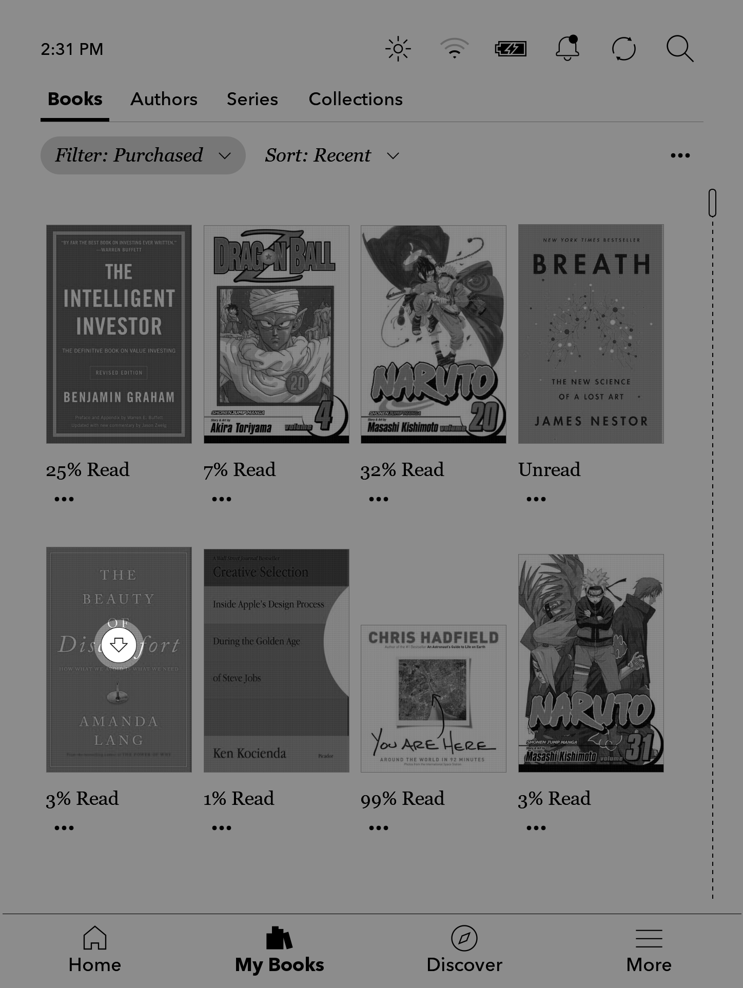 Het startscherm van de Kobo eReader met het pictogram Downloaden gemarkeerd.