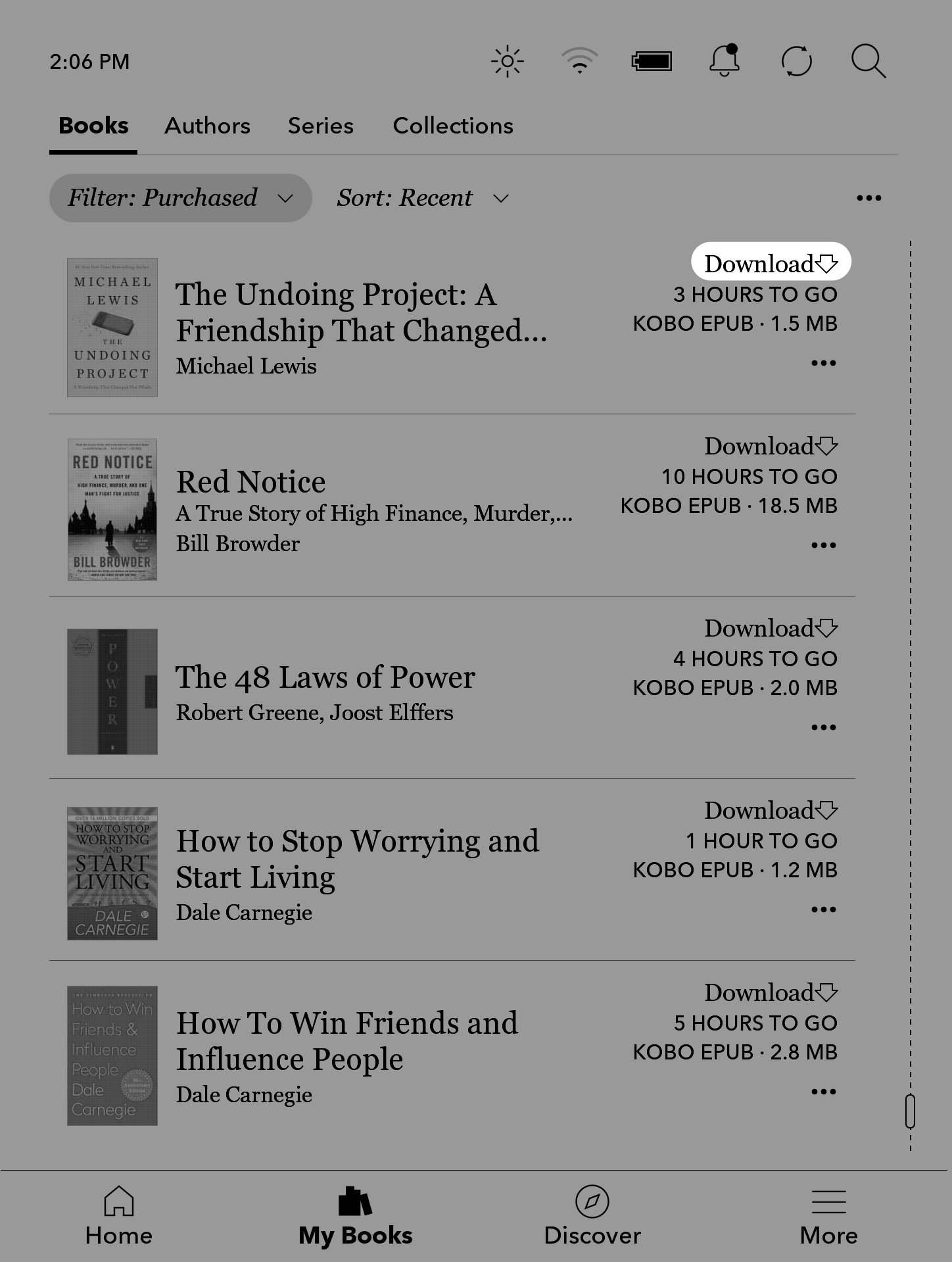 Kobo eReader Boeken-menu met het woord Download gemarkeerd.