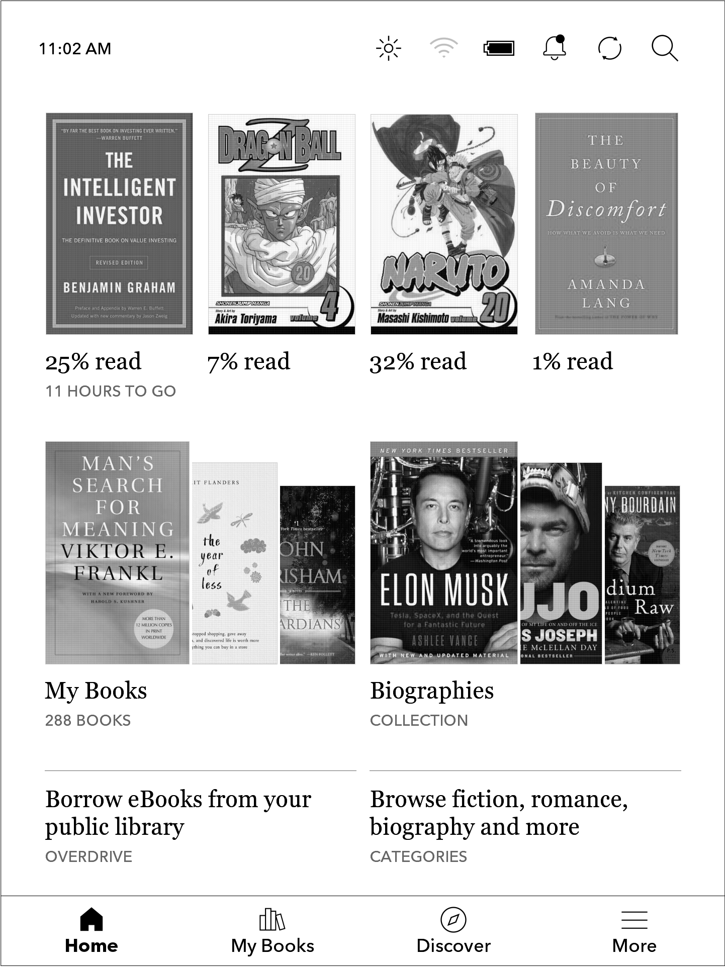 Pantalla de inicio del eReader Kobo con una visualización de libros.