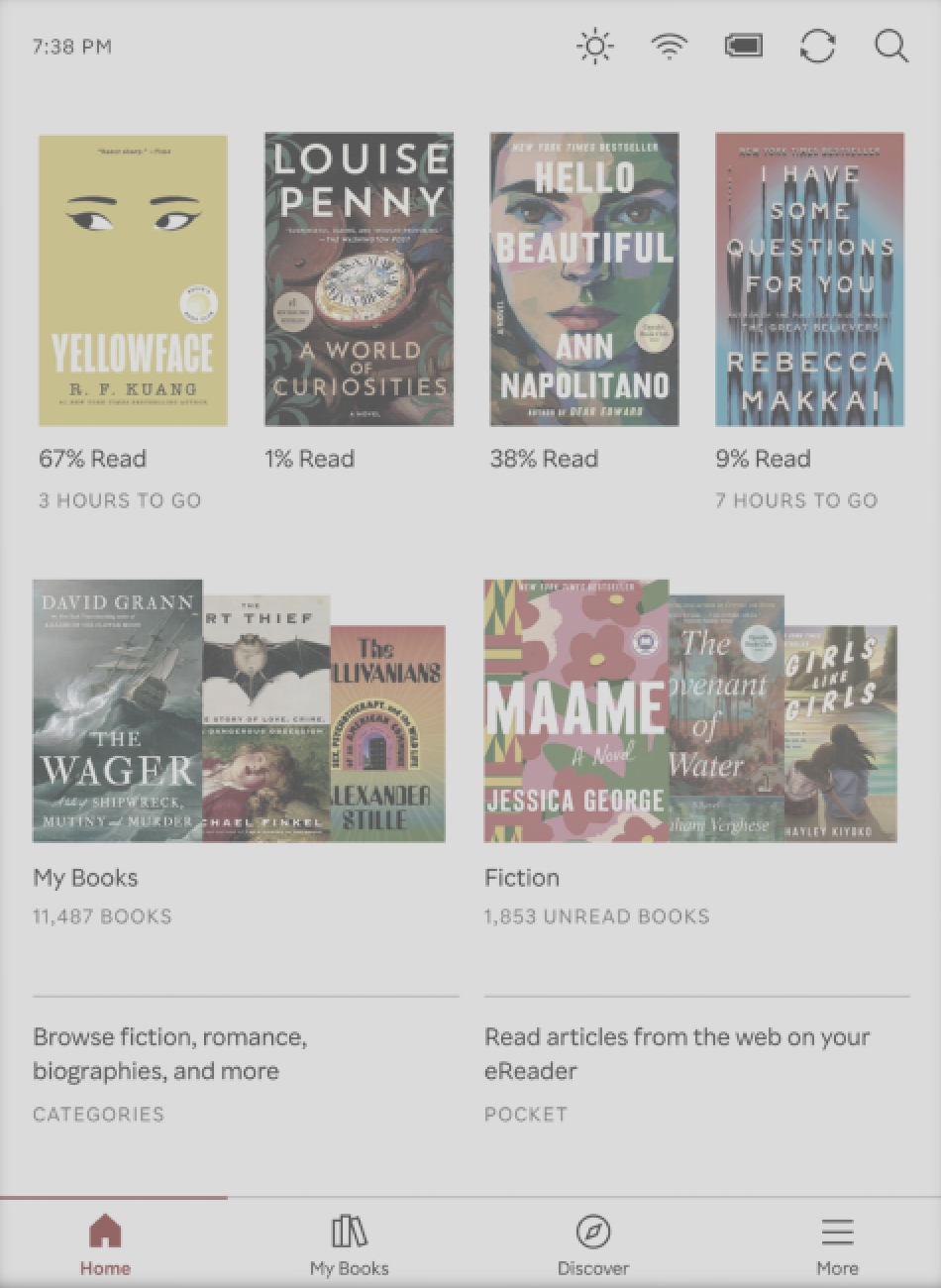 Pantalla de inicio del eReader Kobo con portadas de libros en color.